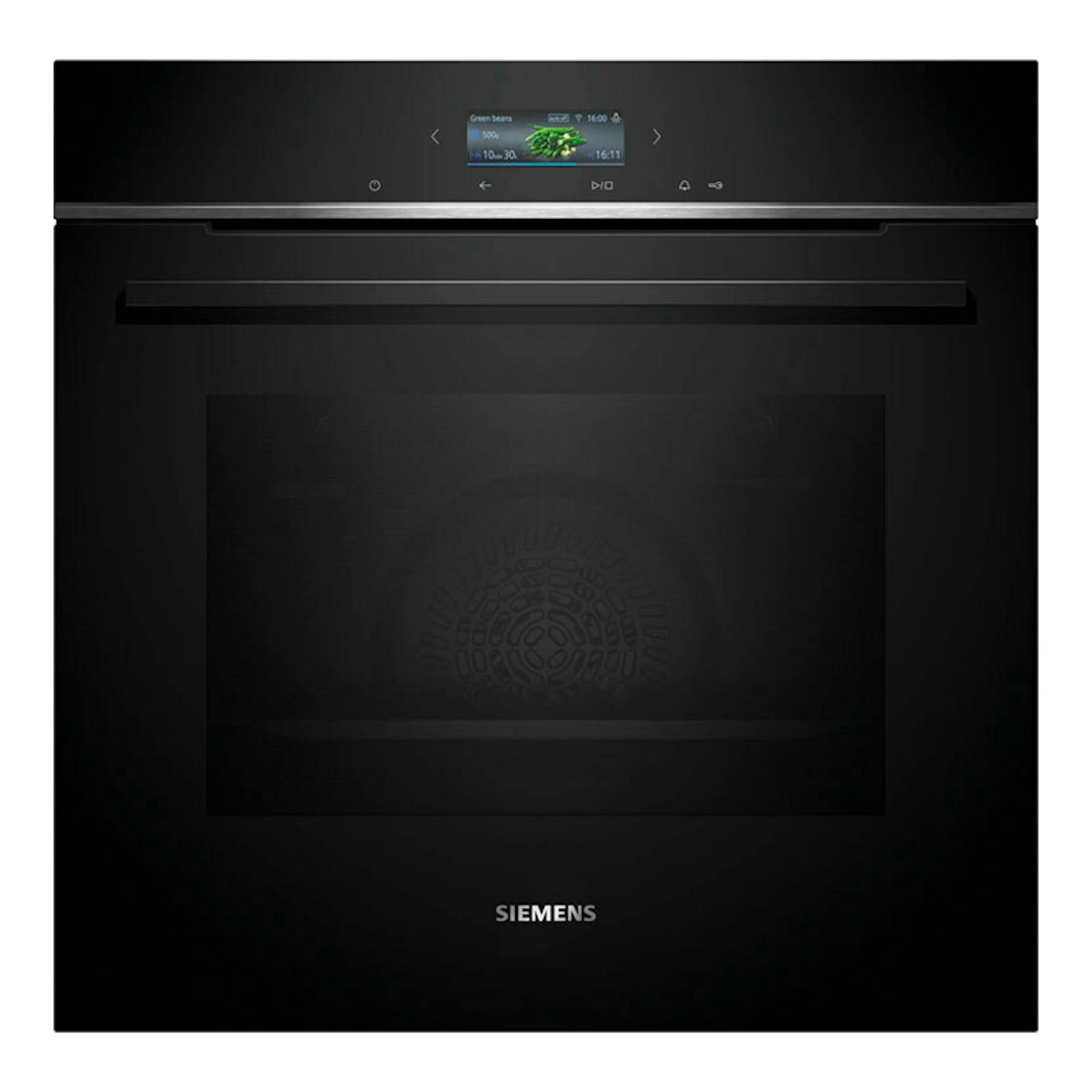 Horno integrable Siemens HB734G1B1 negro, vista frontal, con pantalla digital superior.