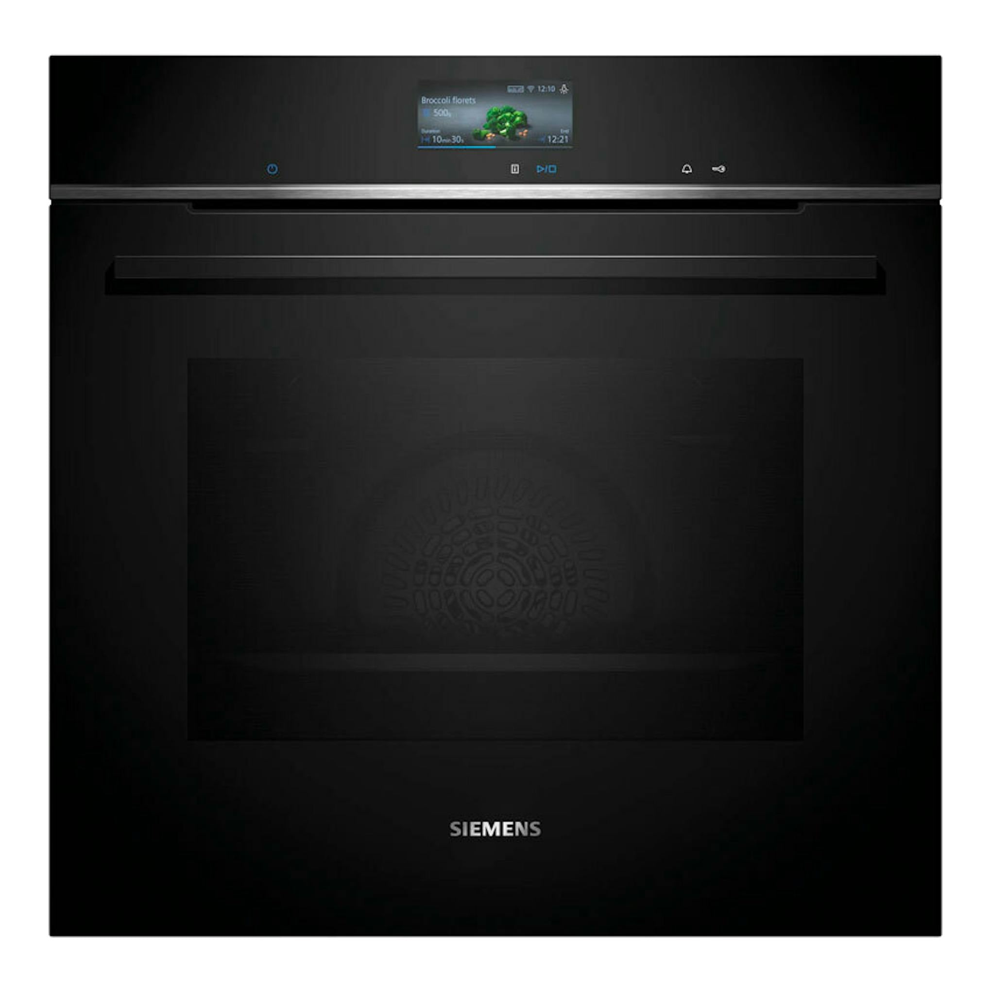 Horno integrable Siemens HB776G1B1 negro, vista frontal, con panel táctil y puerta de cristal.
