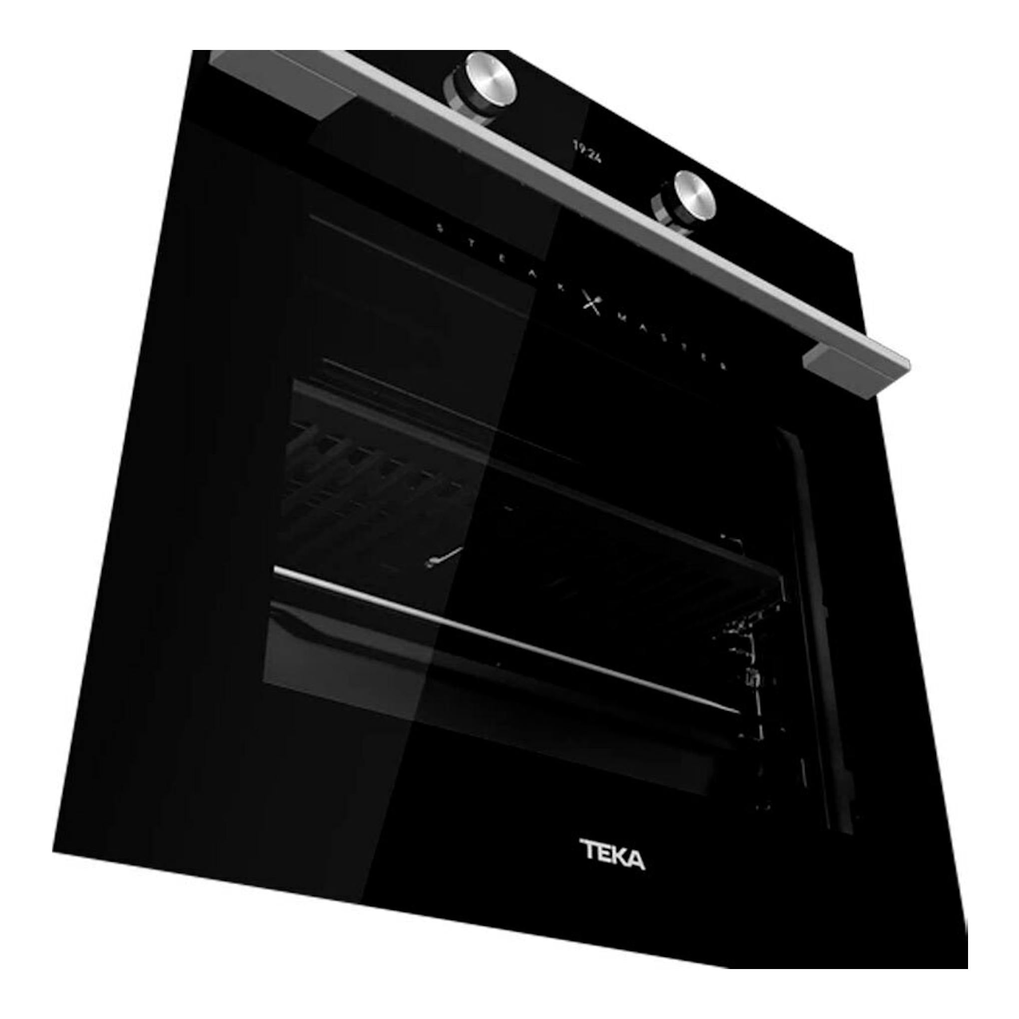 Horno integrable TEKA SteakMaster, cristal negro, vista frontal en ángulo con puerta de vidrio.