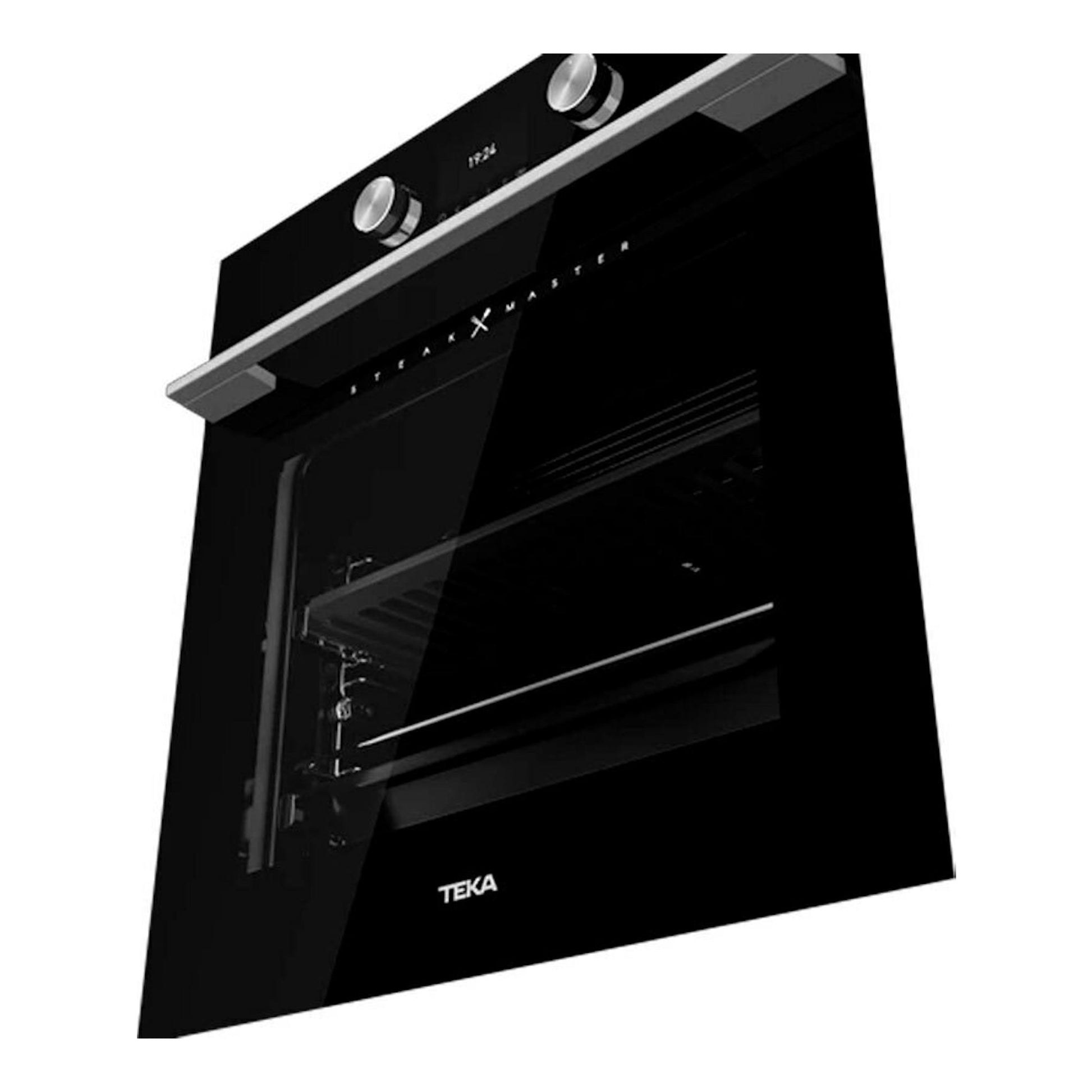 Horno integrable Teka SteakMaster de cristal negro, vista frontal en ángulo con dos mandos.
