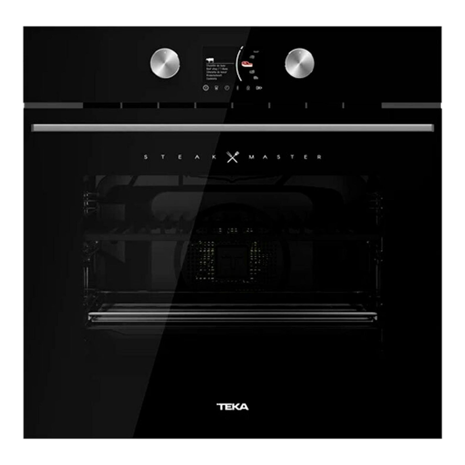 Horno integrable Teka SteakMaster de cristal negro, vista frontal, con dos mandos plateados y display central.