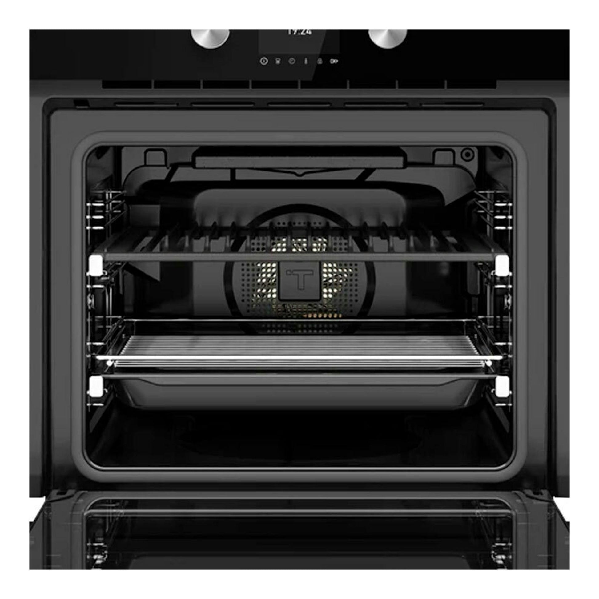 Vista frontal de horno integrable STEAKMASTER de cristal negro, puerta abatible abierta e interior negro con rejillas.
