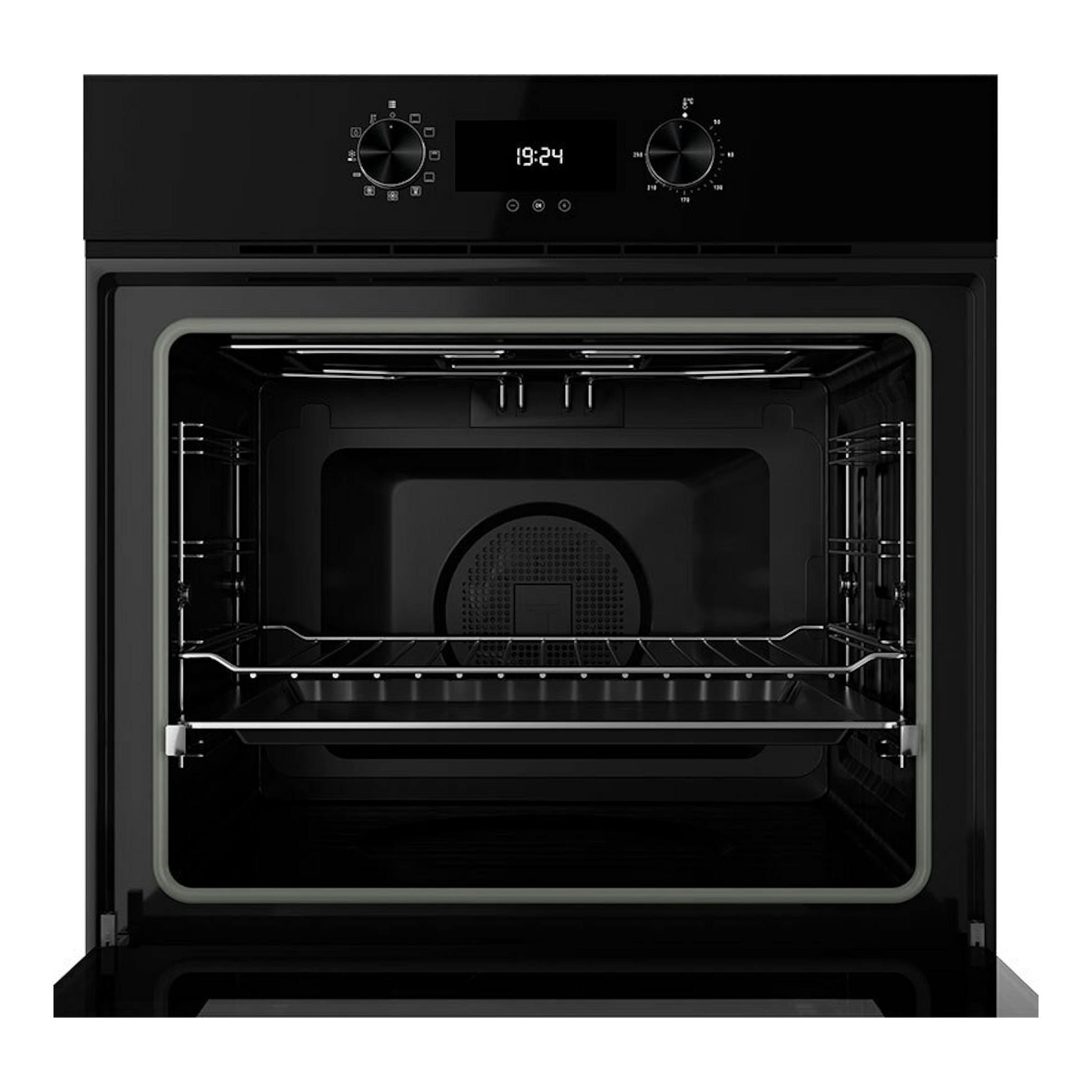 Horno integrable Teka HLB8400 negro, vista frontal con puerta abierta e interior visible.