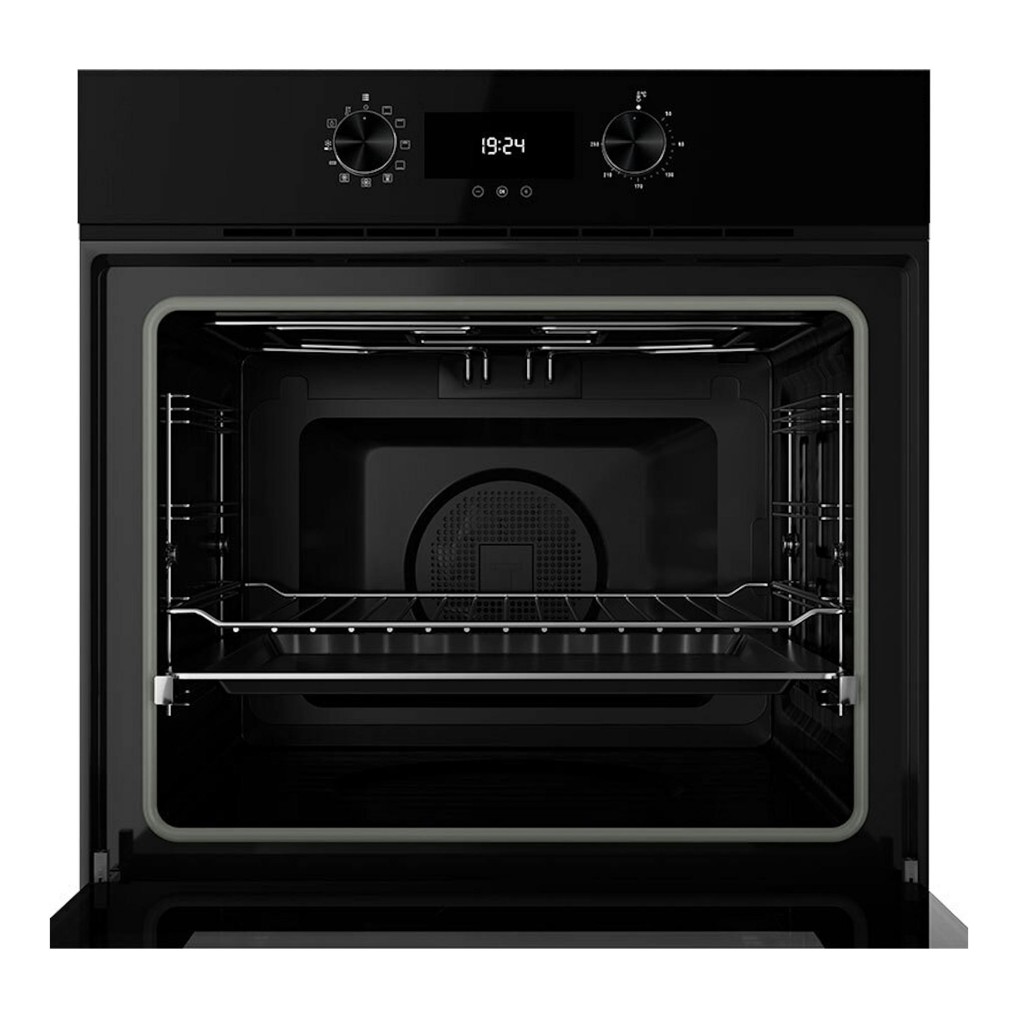 Horno integrable Teka HLB8400 negro, vista frontal con puerta abierta e interior visible.