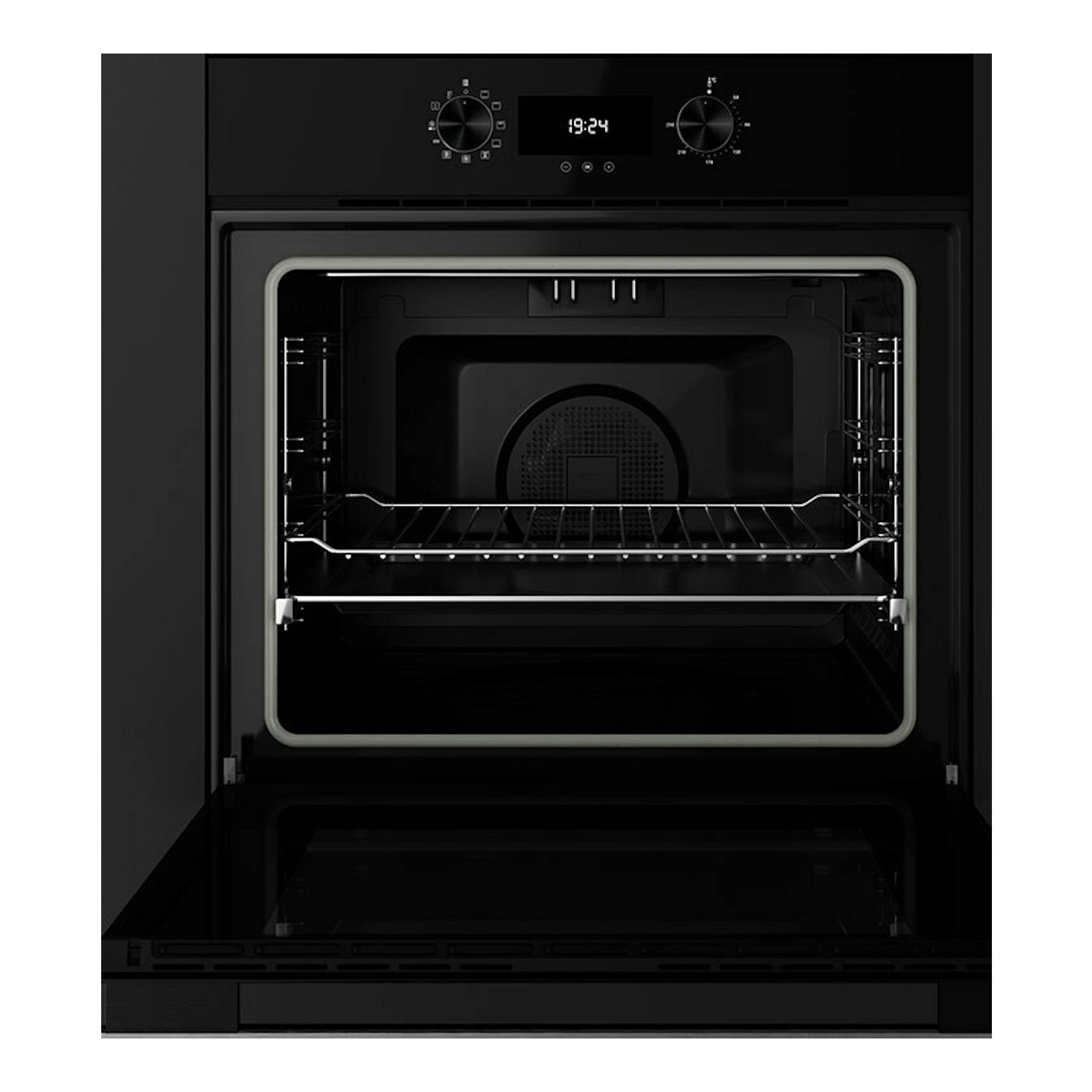 Horno integrable Teka HLB8400 negro, vista frontal con puerta abatible abierta y panel digital.