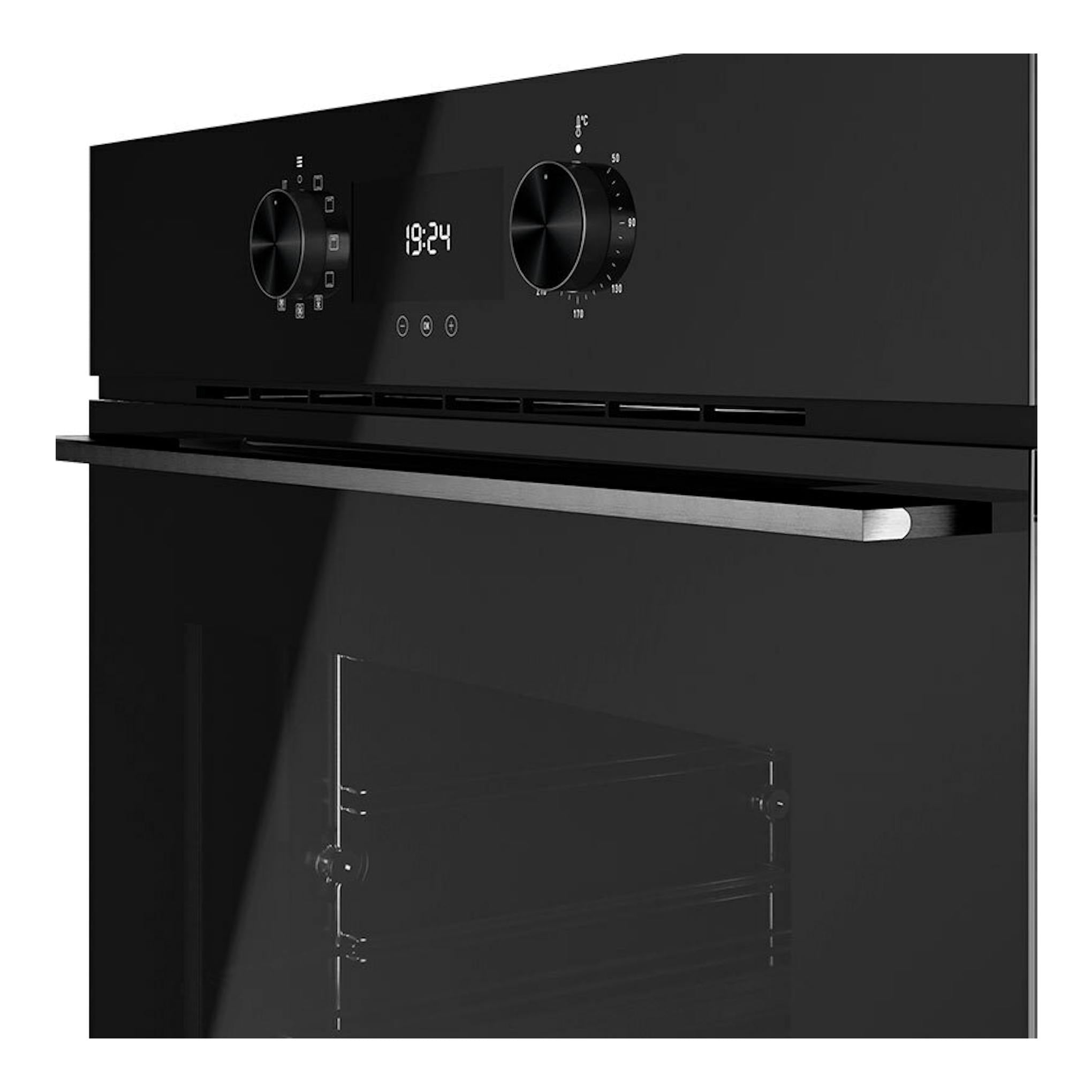 Horno integrable Teka HLB8400 negro, vista frontal, con display digital y dos mandos.