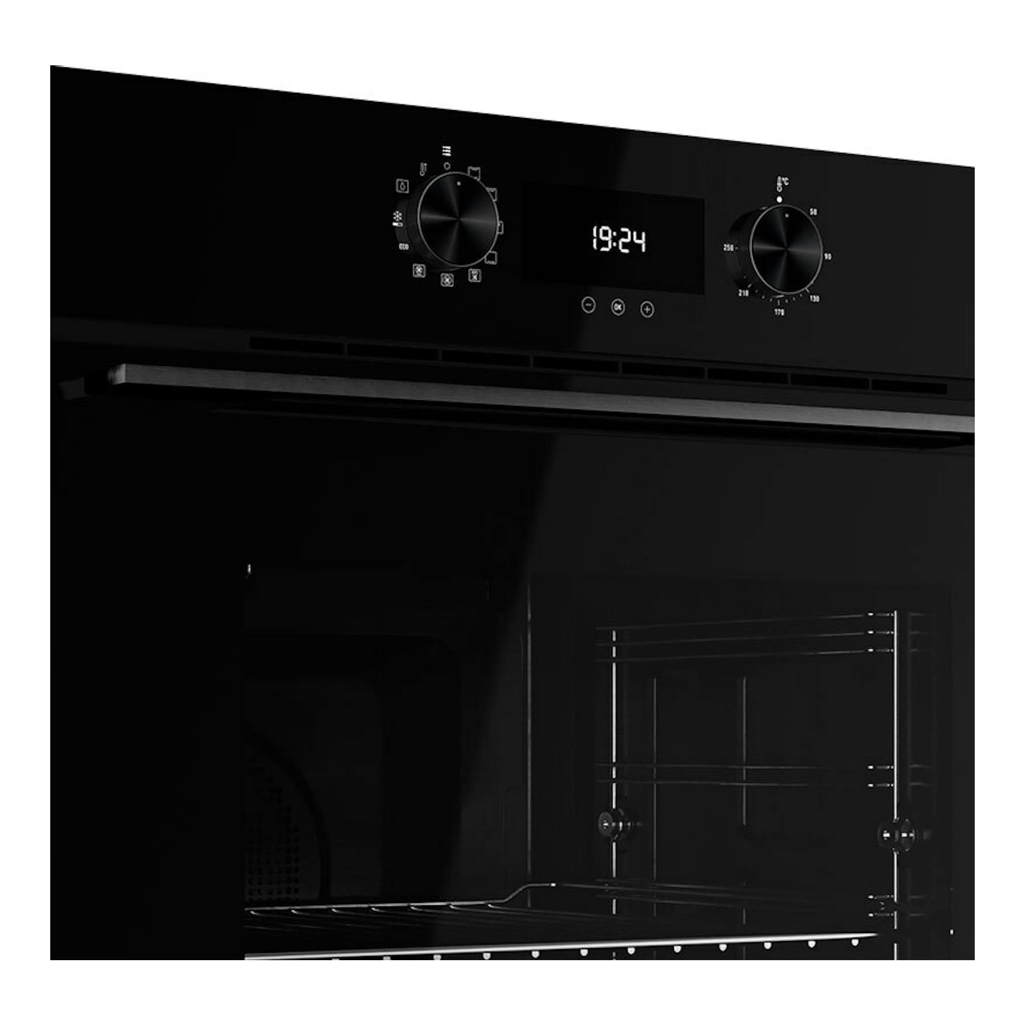 Horno integrable Teka HLB8400 negro, vista frontal, con dos mandos y display digital.