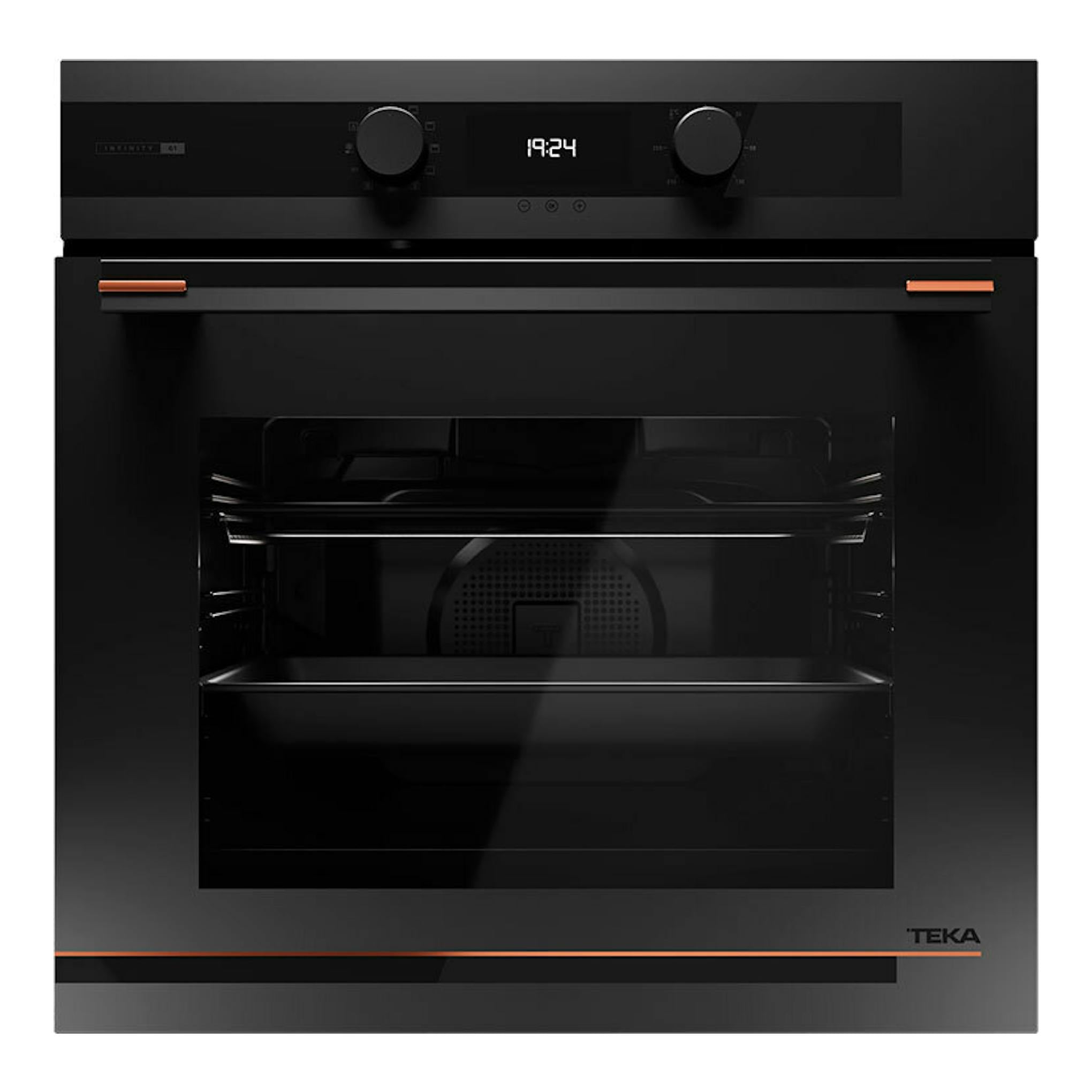 Horno integrable Teka HLB84G1BM negro mate, vista frontal, con dos mandos y display digital.