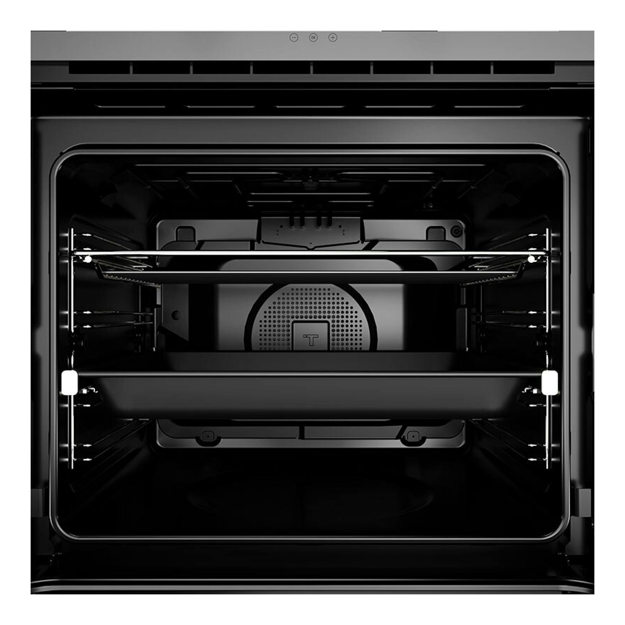 Horno integrable Teka HLB84G1BM negro mate, vista frontal del interior con bandejas y luz lateral.