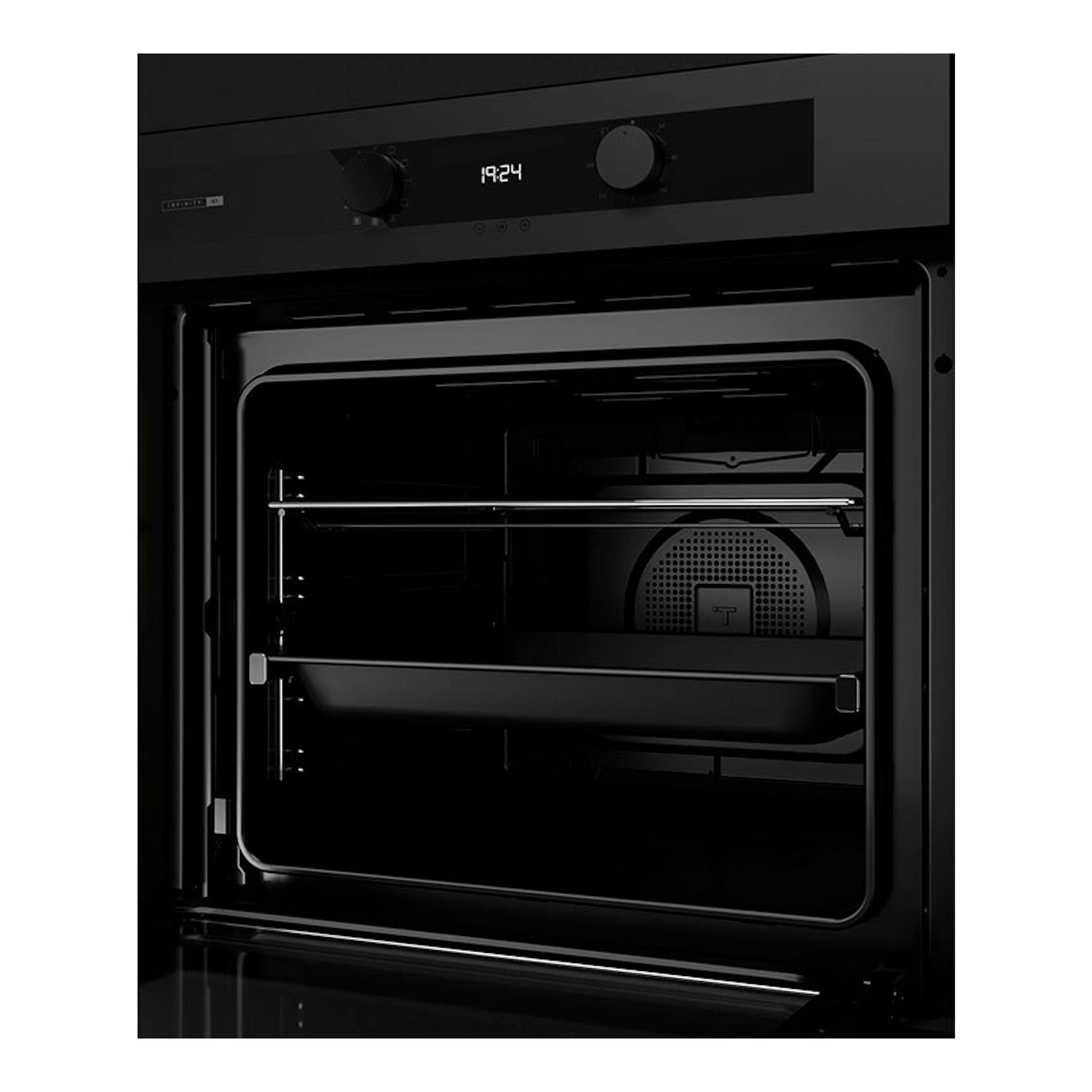 Horno integrable Teka HLB84G1BM negro mate, vista frontal con puerta abierta y panel digital.