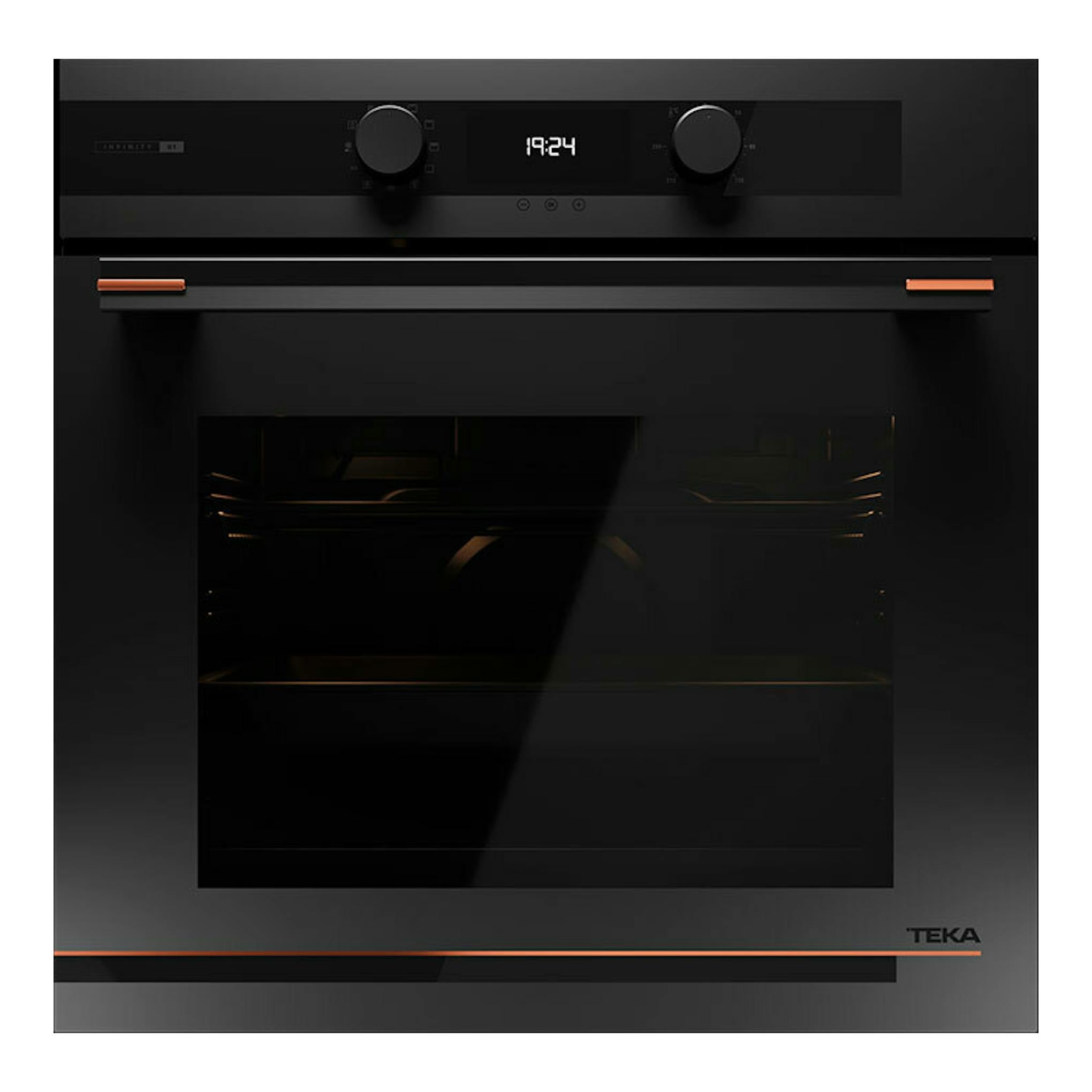 Horno integrable Teka HLB84G1BM negro mate, vista frontal, con panel digital y dos mandos giratorios.