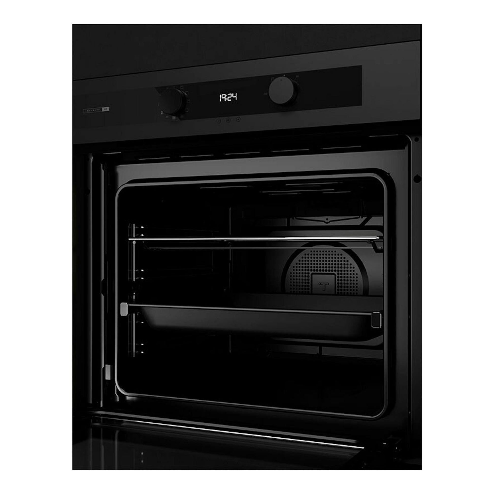 Horno integrable Teka HLB84G1PBM negro, vista frontal con puerta abierta, panel digital y dos mandos.
