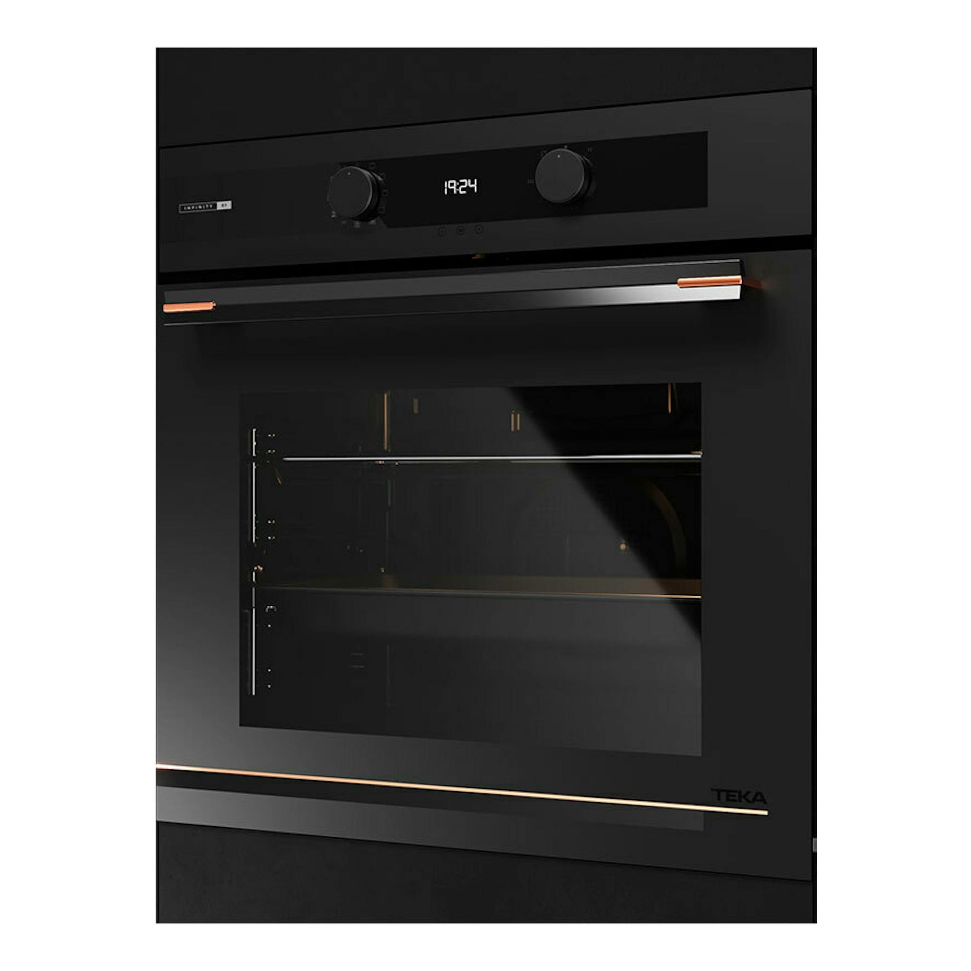 Horno integrable Teka HLB84G1PBM negro, vista frontal con puerta de cristal, display digital y dos mandos.