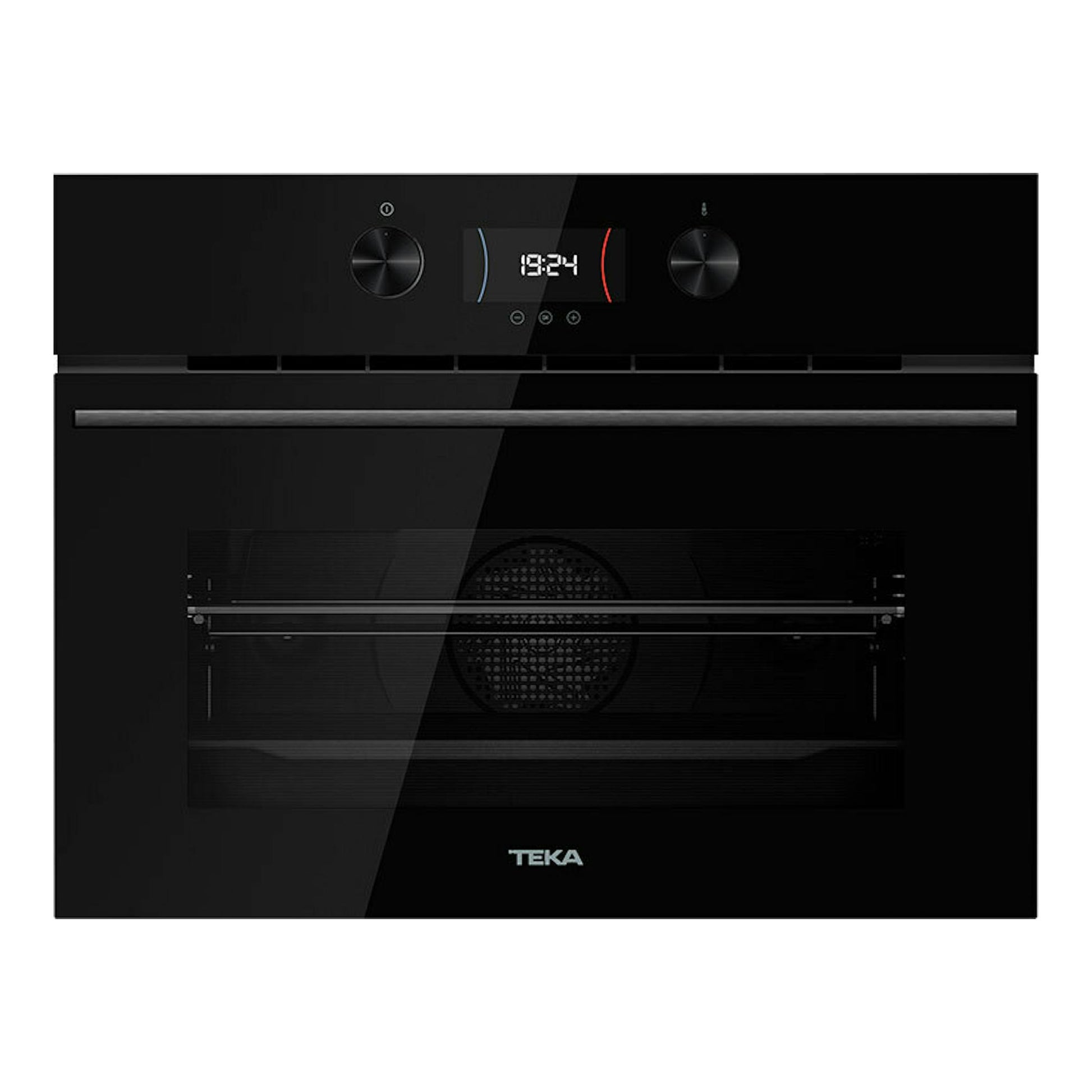 Horno integrable Teka HLC8440C negro, vista frontal, con panel digital y dos mandos.