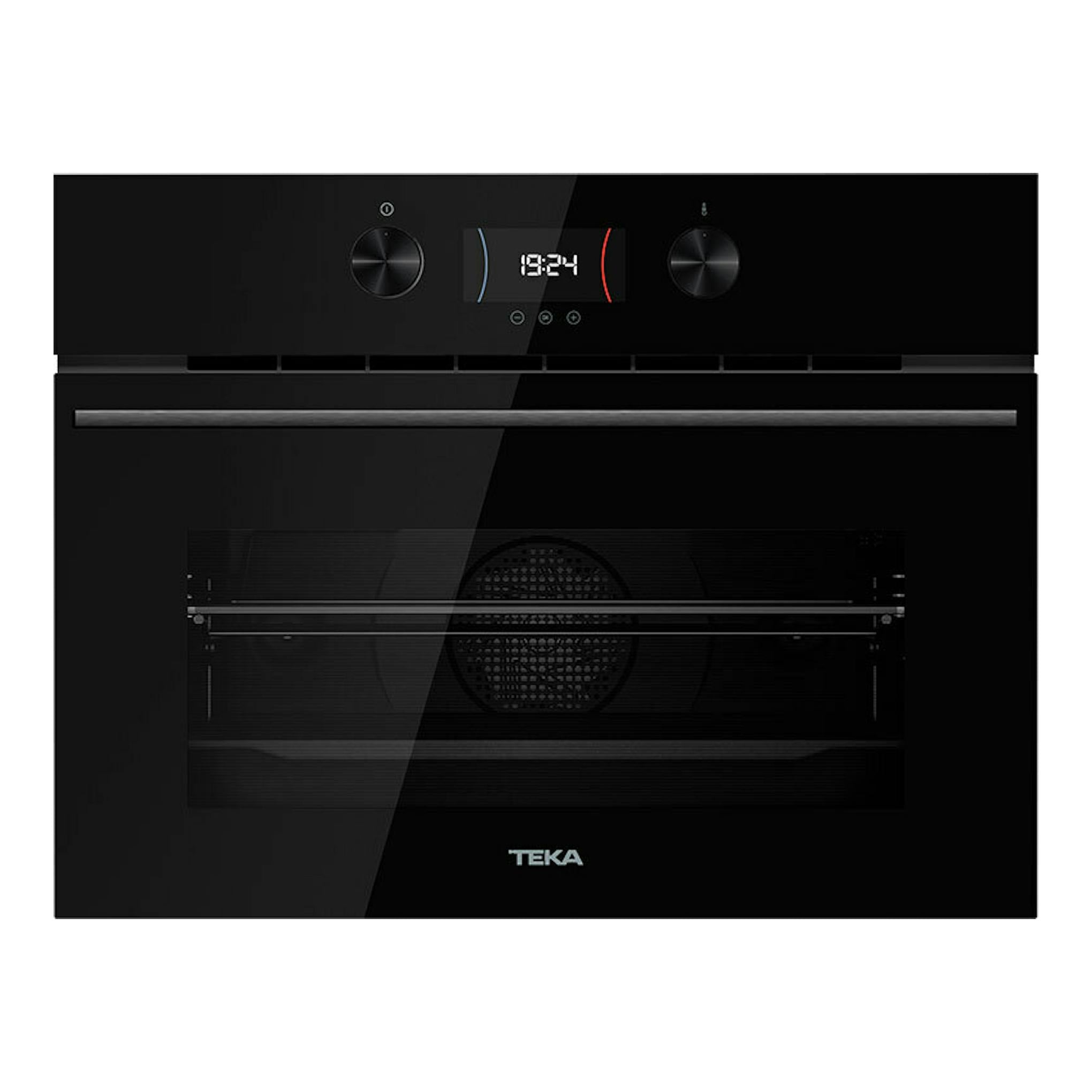 Horno integrable Teka HLC8440C negro, vista frontal, con panel digital y dos mandos.