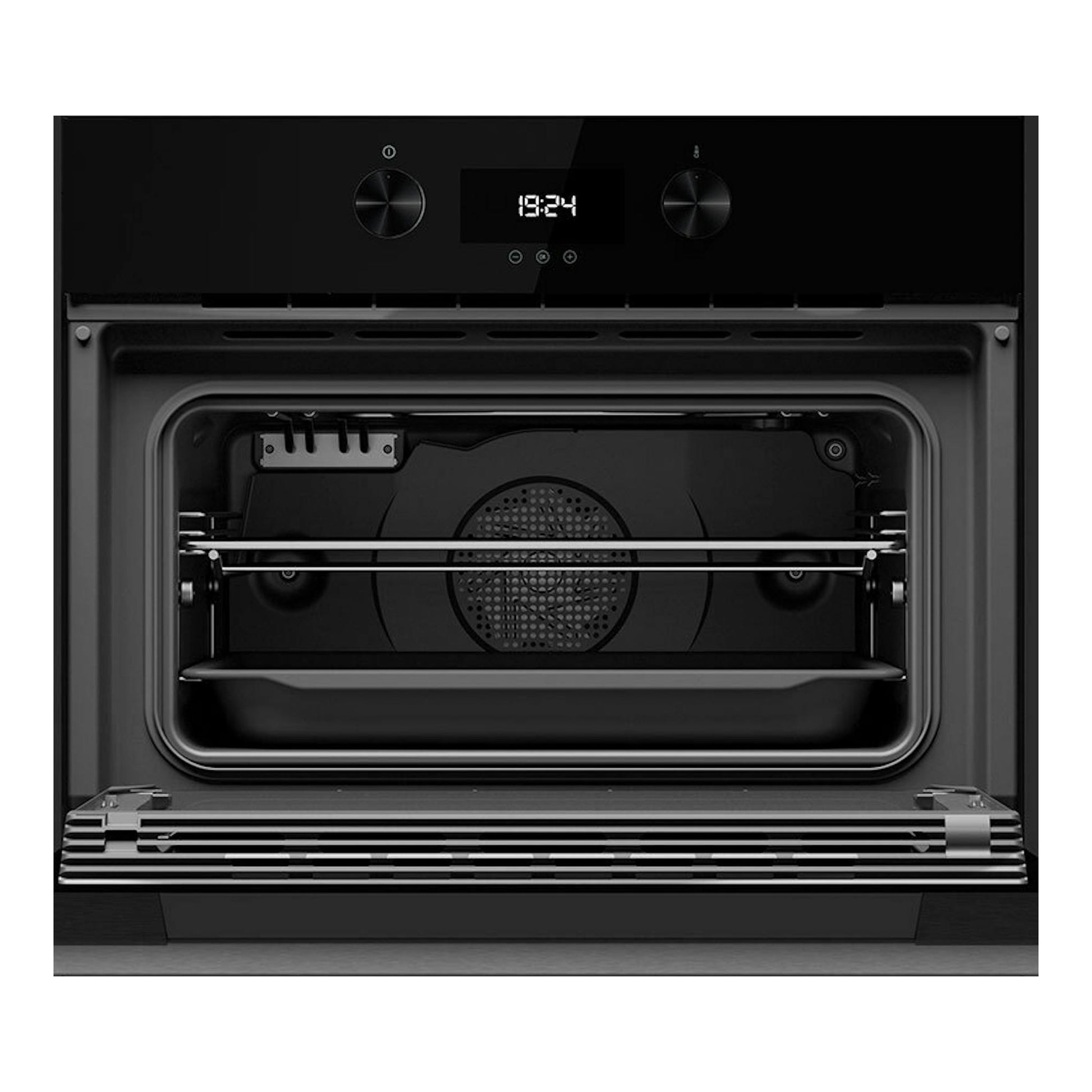 Horno integrable Teka HLC8440C negro, vista frontal con puerta abierta, display digital y dos mandos.