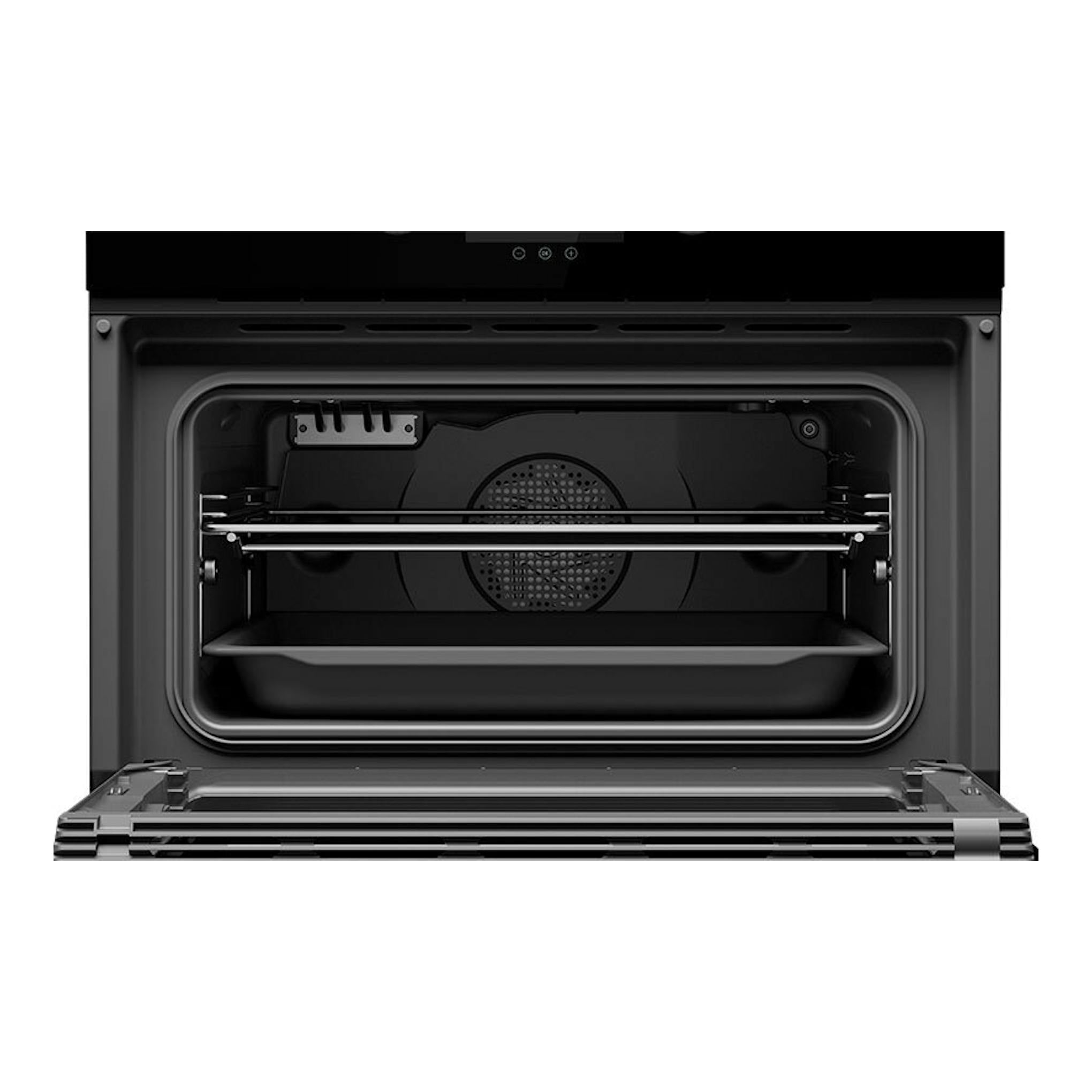 Horno integrable Teka HLC8440C negro, vista frontal del interior con la puerta abatida abierta.