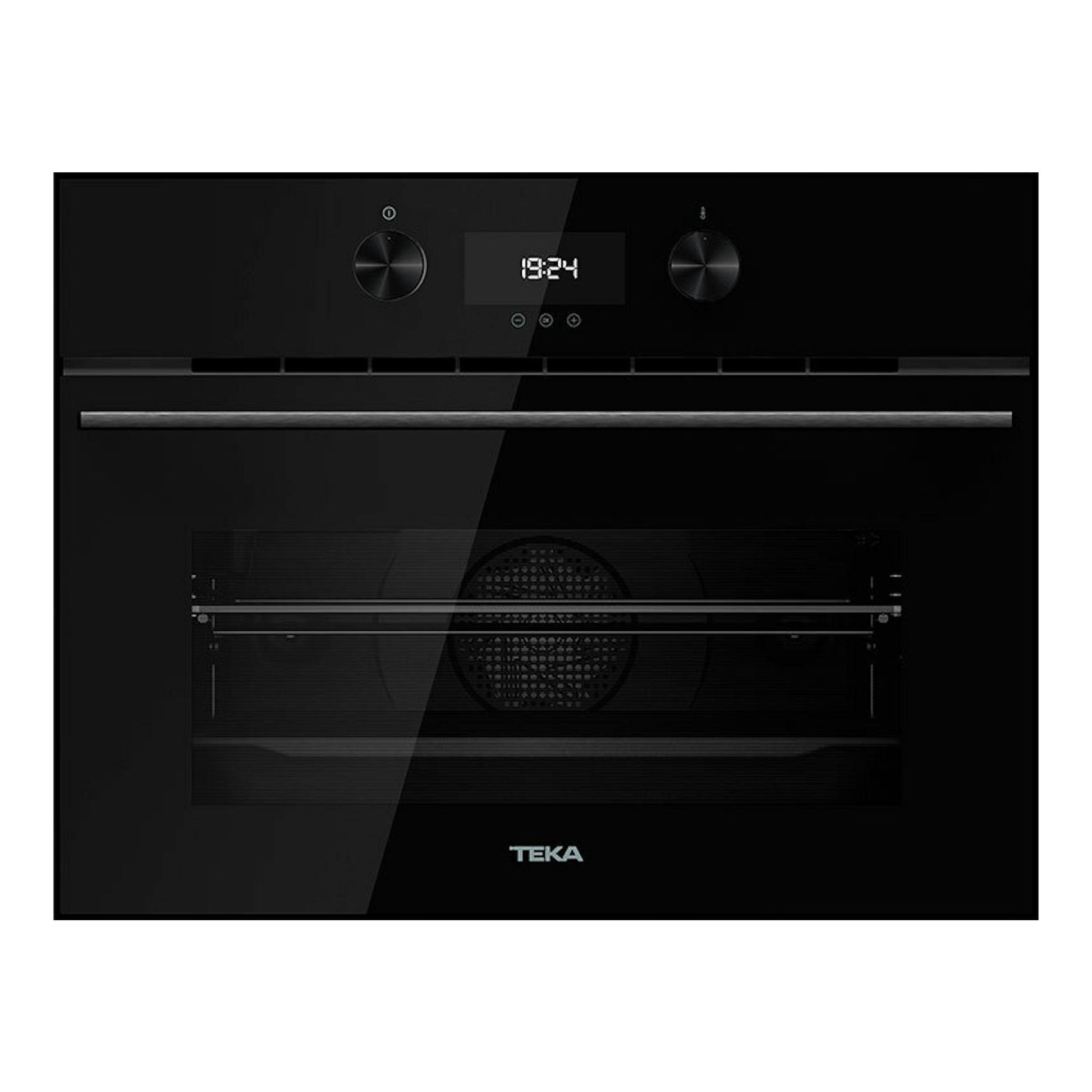 Horno integrable Teka HLC8440C negro, vista frontal, con dos mandos y display digital.