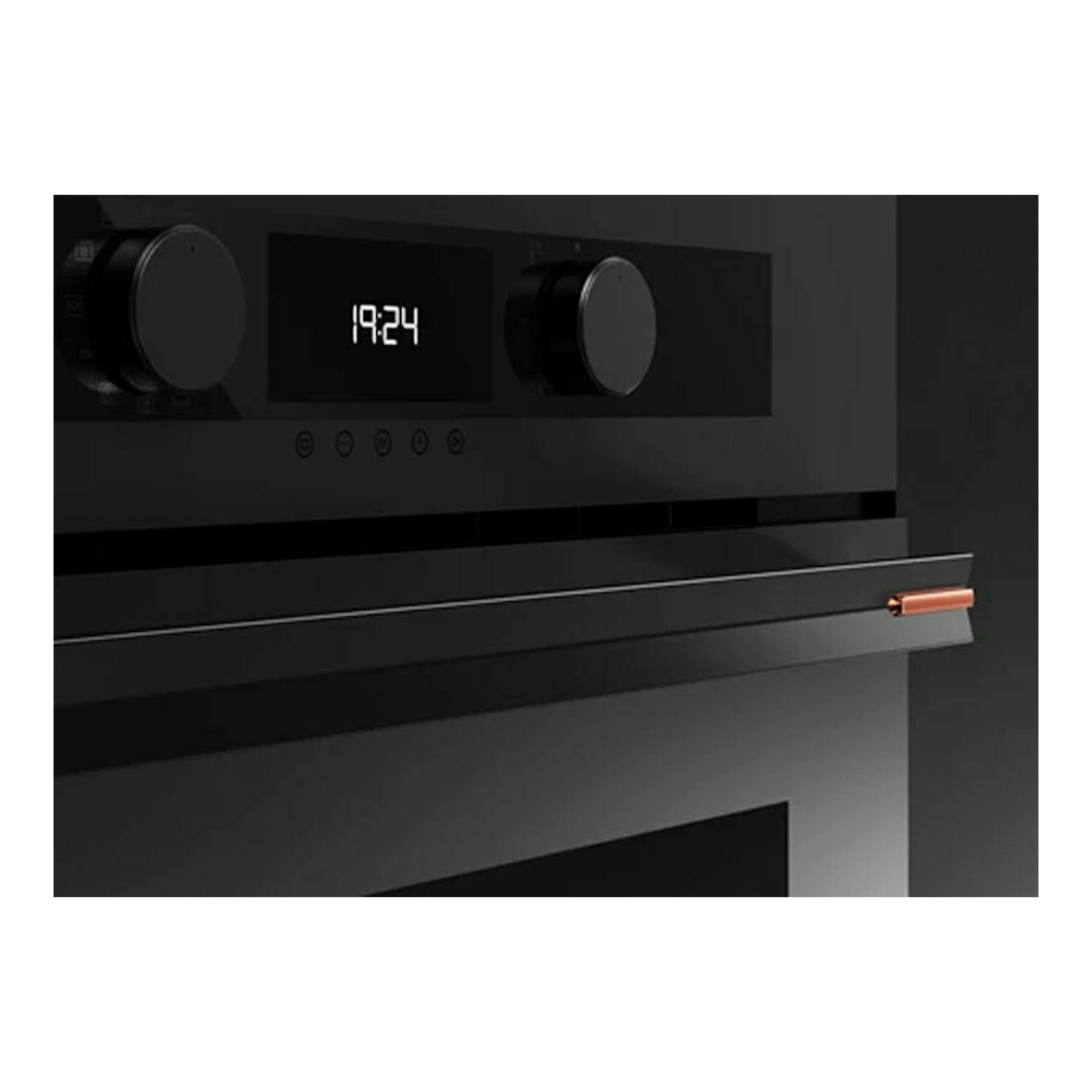 Horno integrable Teka HLC84G1CBM negro mate, frontal con mandos giratorios, display 19:24 y tirador cobre.