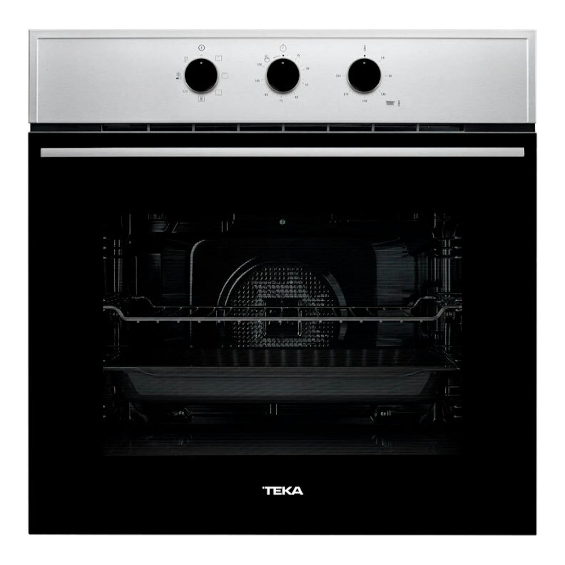 Horno integrable Teka HSB615S Inox, vista frontal, con puerta negra de cristal y panel superior inox con tres mandos.