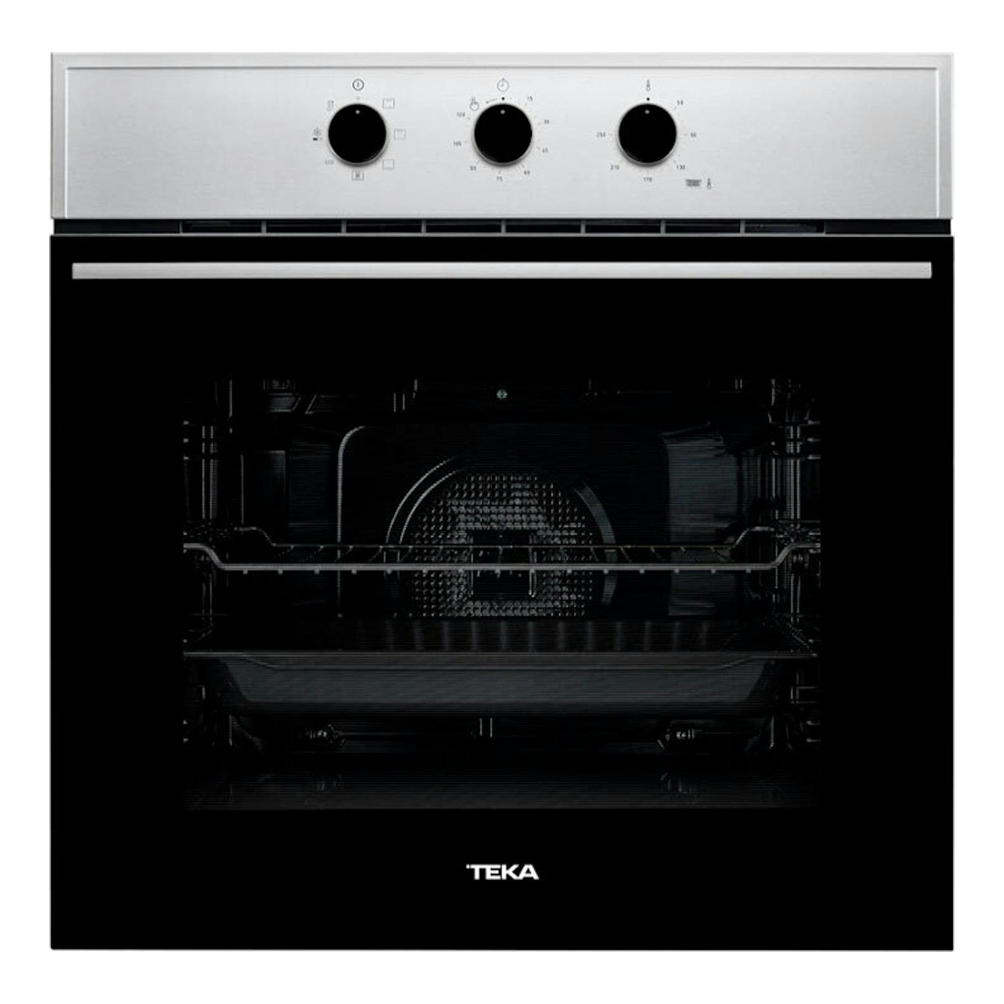 Horno integrable Teka HSB615S Inox, vista frontal, con puerta negra de cristal y panel superior inox con tres mandos.