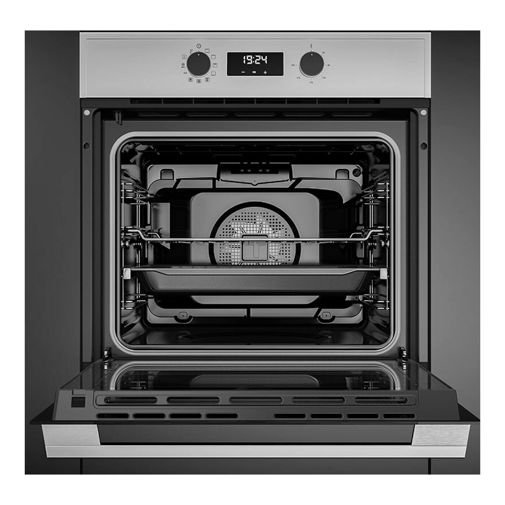 Horno integrable Teka HSB645S inox, frontal abierto, con panel digital y cavidad interior visible.