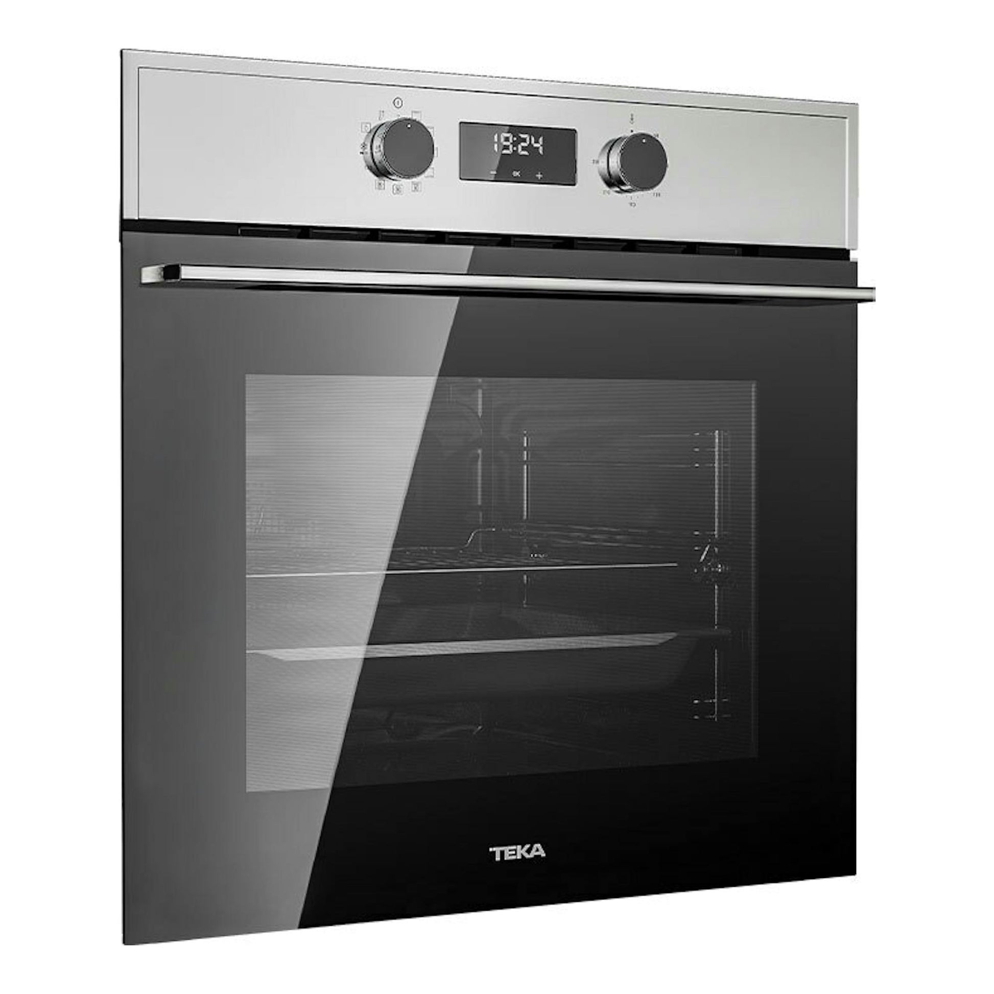 Horno integrable Teka HSB645S Inox, vista frontal en ángulo, acabado inox y puerta de cristal negro.