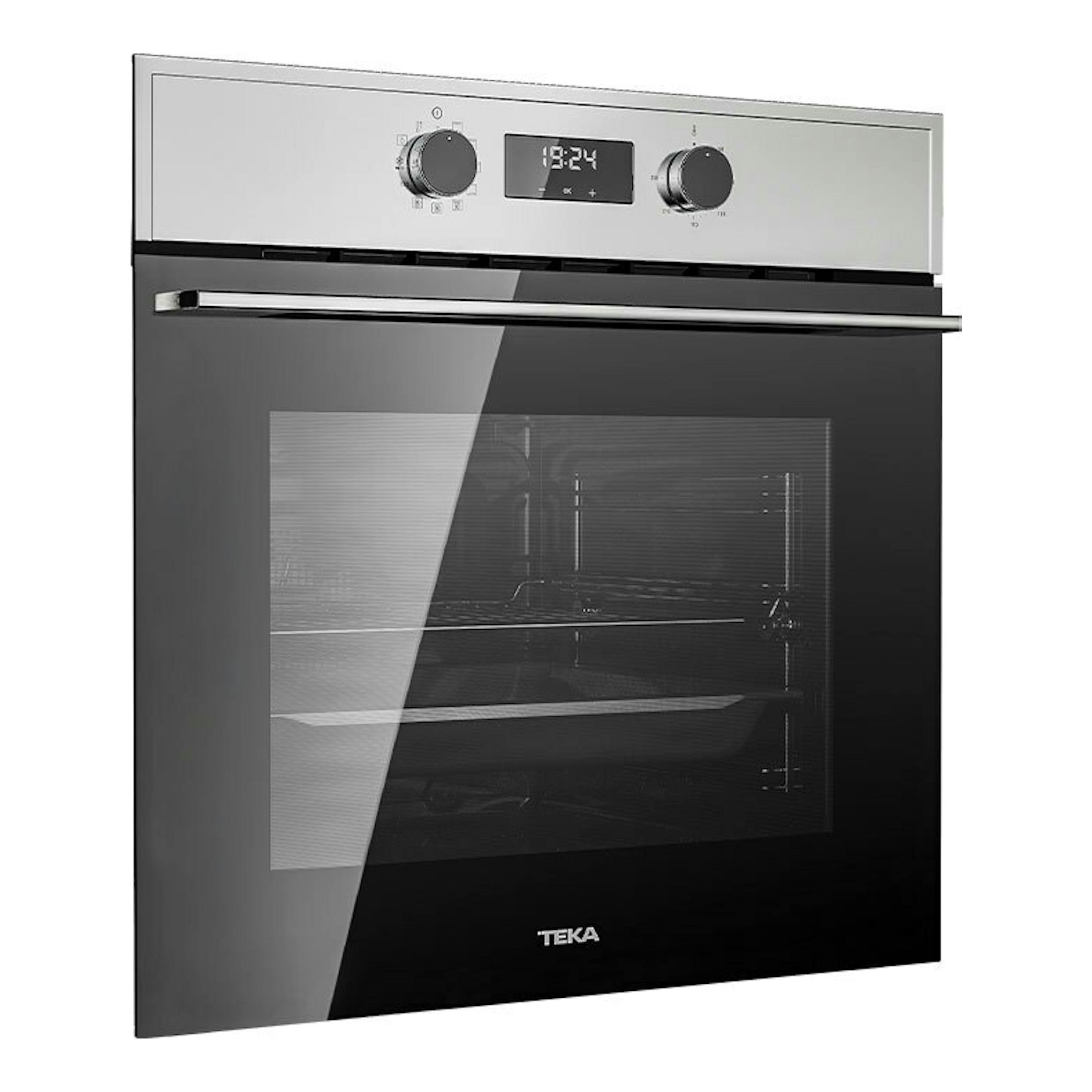Horno integrable Teka HSB645S Inox, vista frontal en ángulo, acabado inox y puerta de cristal negro.