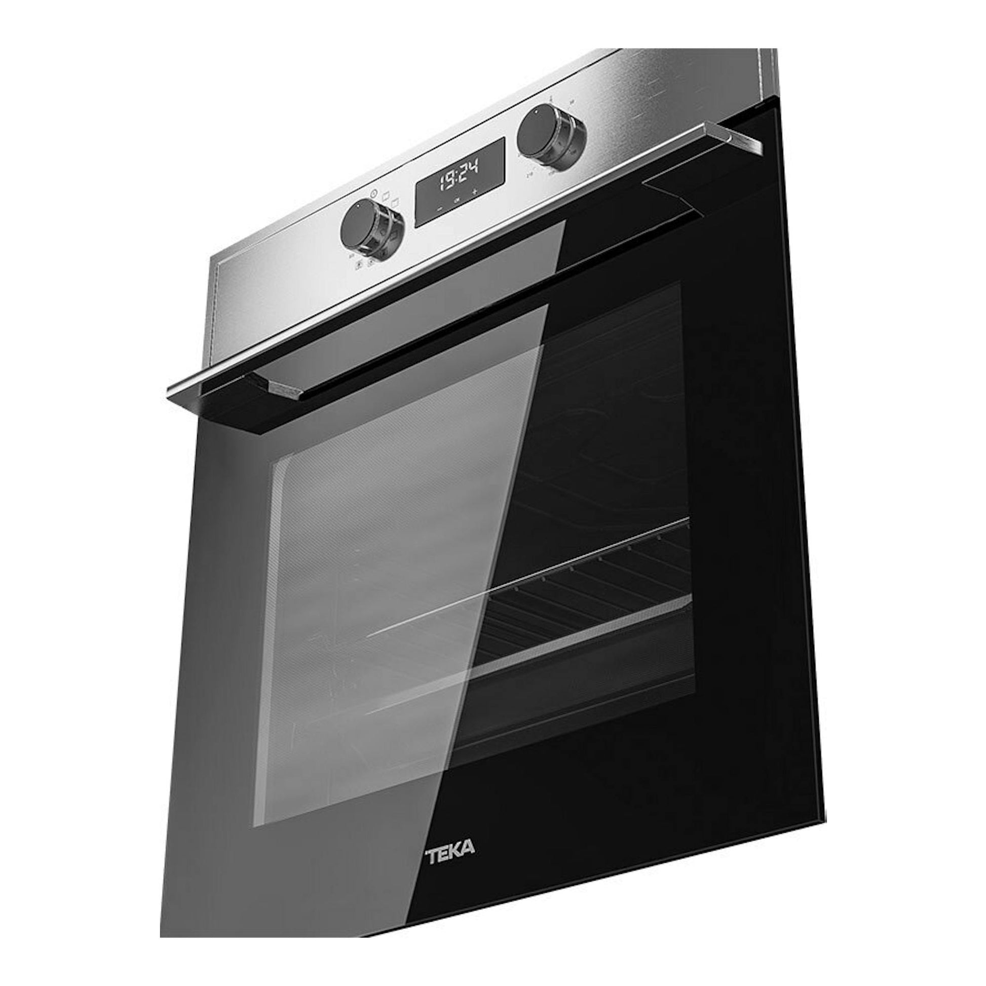 Horno integrable Teka HSB645S, vista frontal en ángulo, acabado inox y puerta de cristal negro.