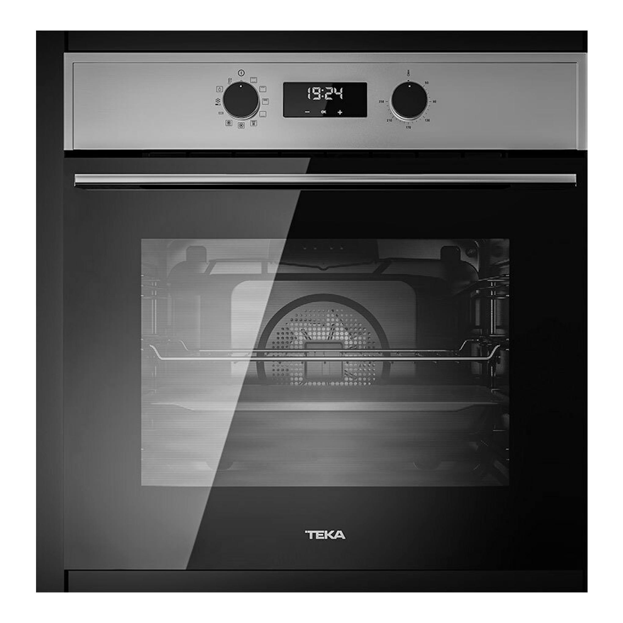 Horno integrable Teka en inox y negro, vista frontal, con dos mandos y display digital.