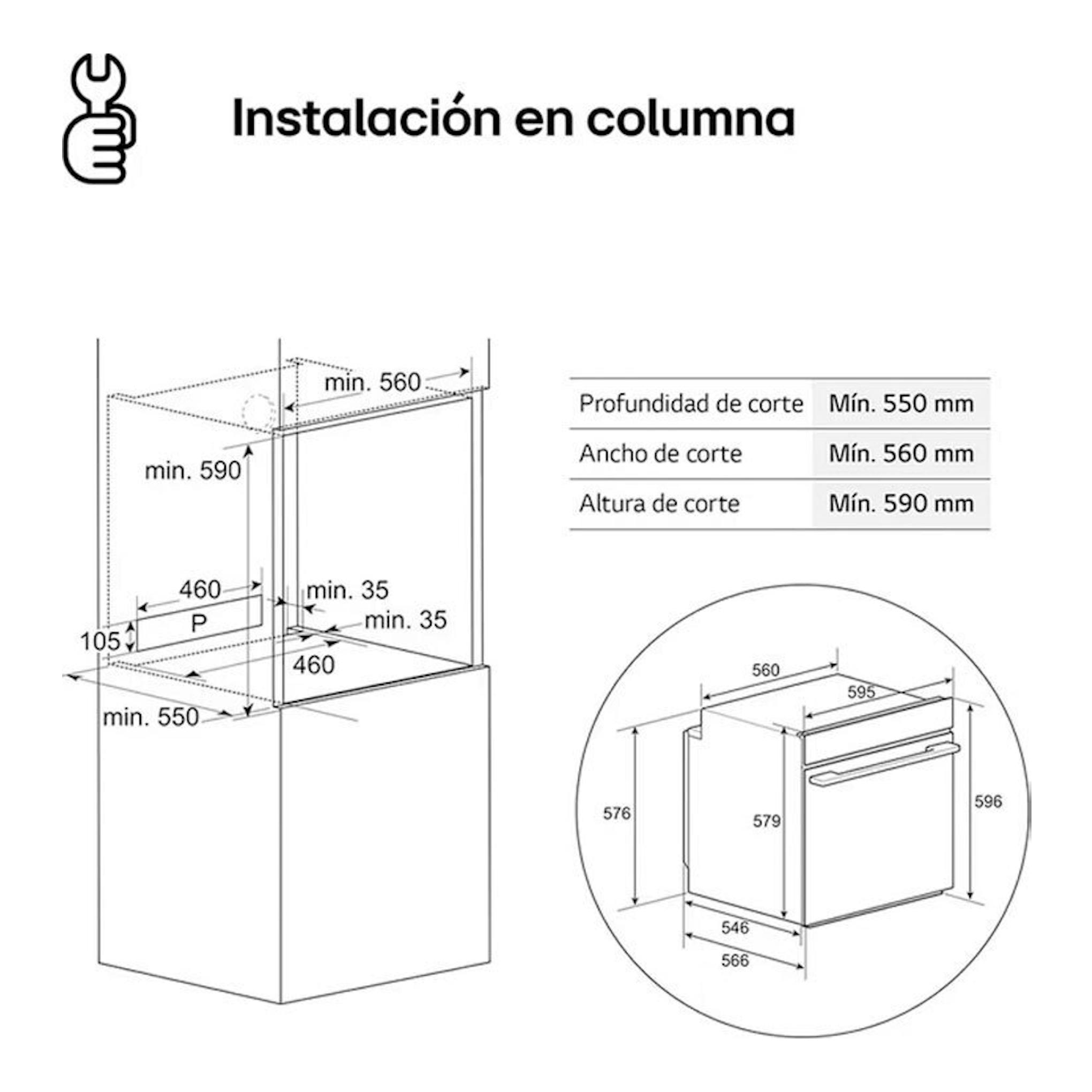 Esquema de instalación en columna del horno LG WS5D7210G, con medidas de corte y vista frontal.