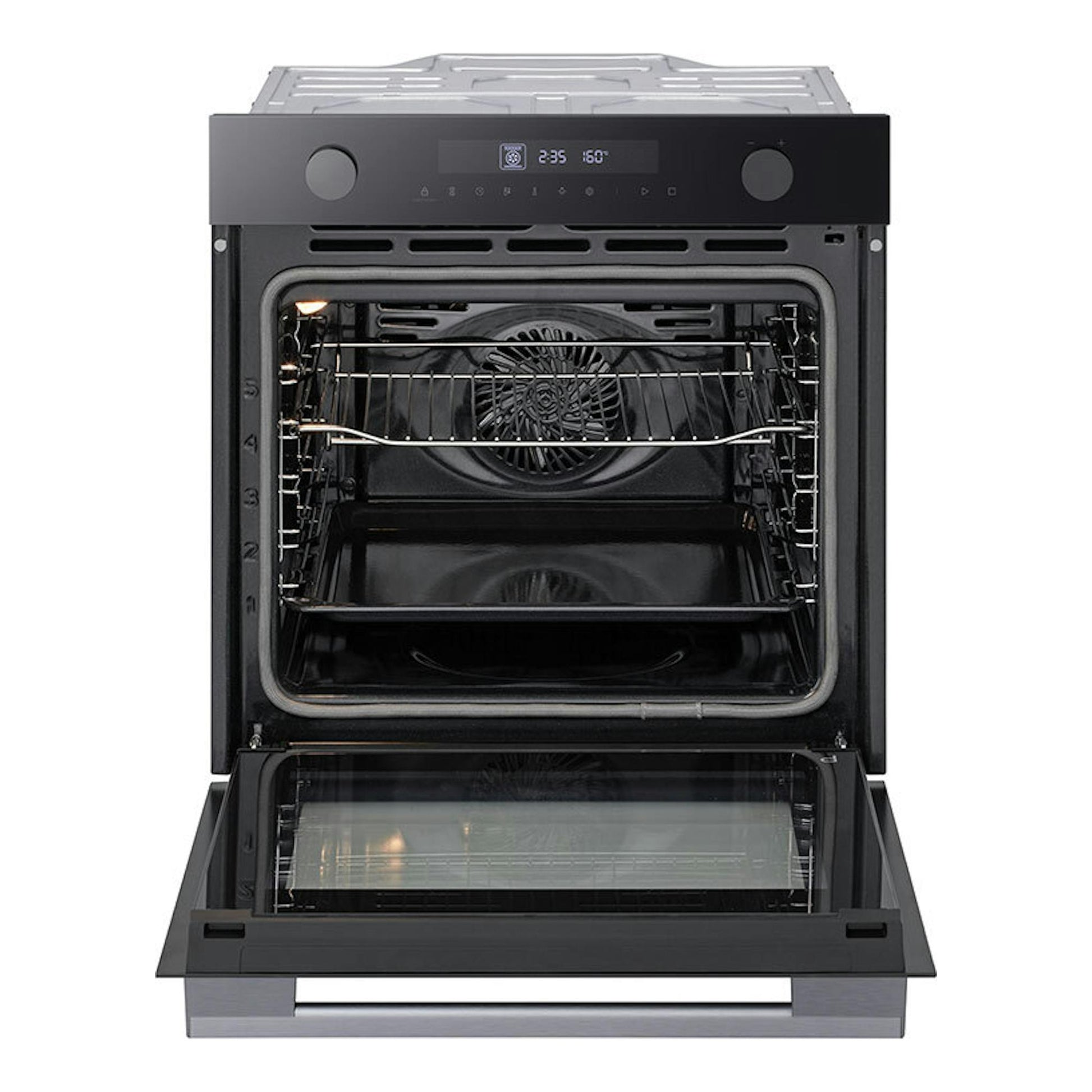 Horno LG WS5D7210G de cristal negro, vista frontal con la puerta abatible abierta.