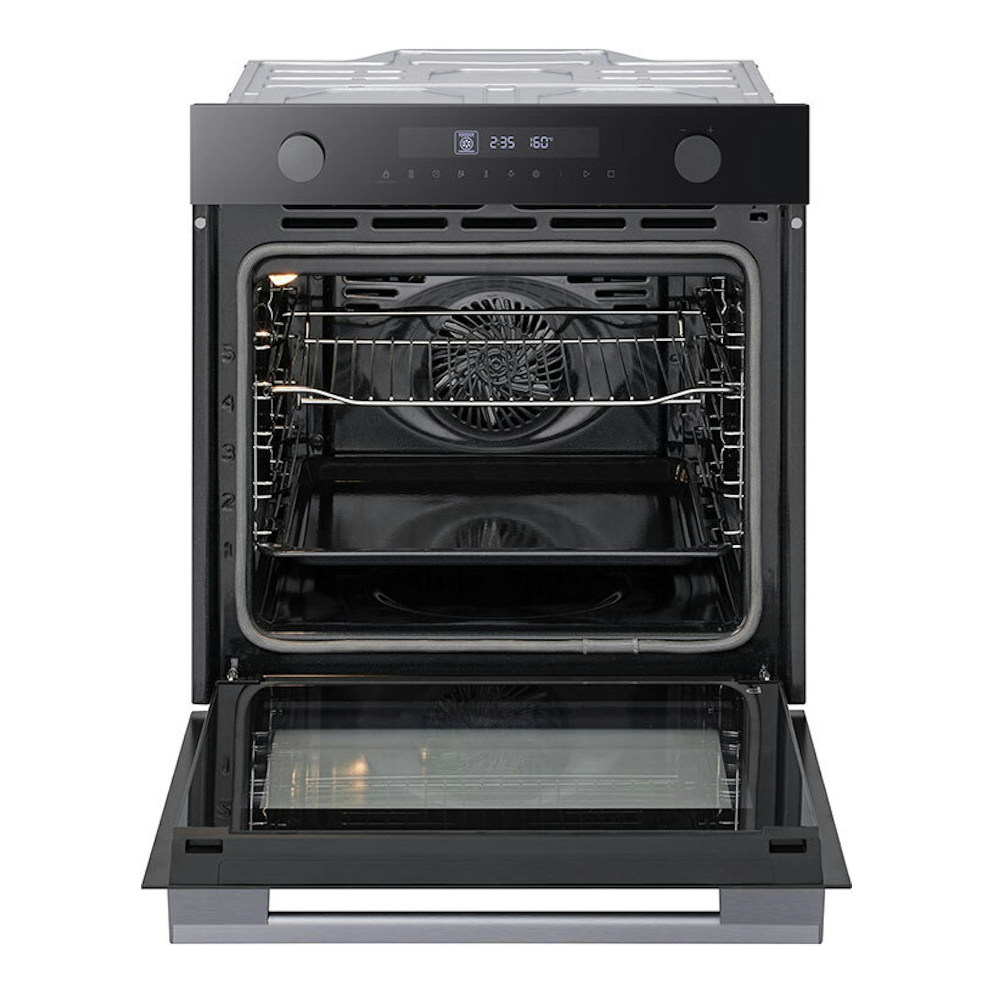 Horno LG WS5D7210G de cristal negro, vista frontal con la puerta abatible abierta.
