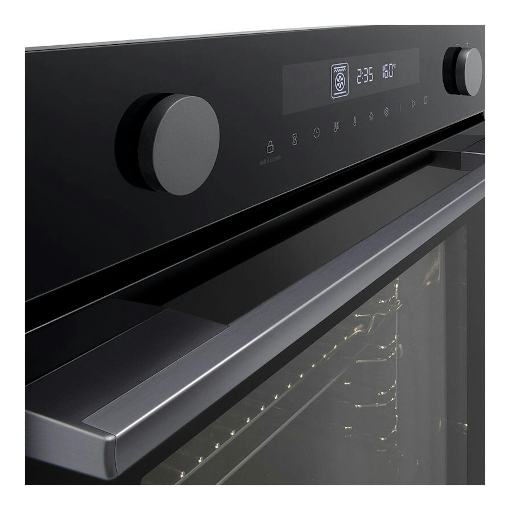 Horno LG WS5D7210G de cristal negro, vista frontal en ángulo, con panel digital y dos mandos.
