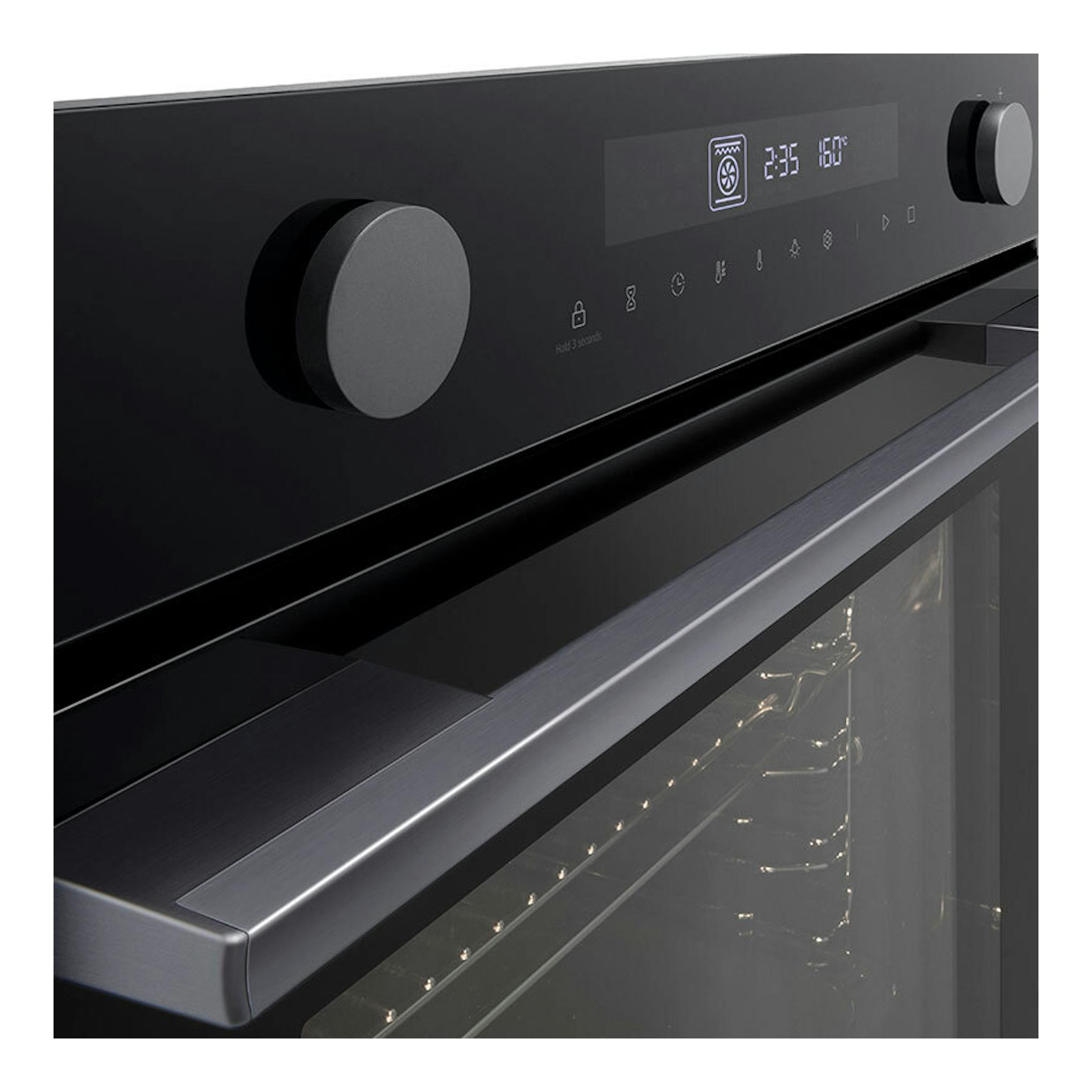 Horno LG WS5D7210G de cristal negro, vista frontal en ángulo, con panel digital y dos mandos.