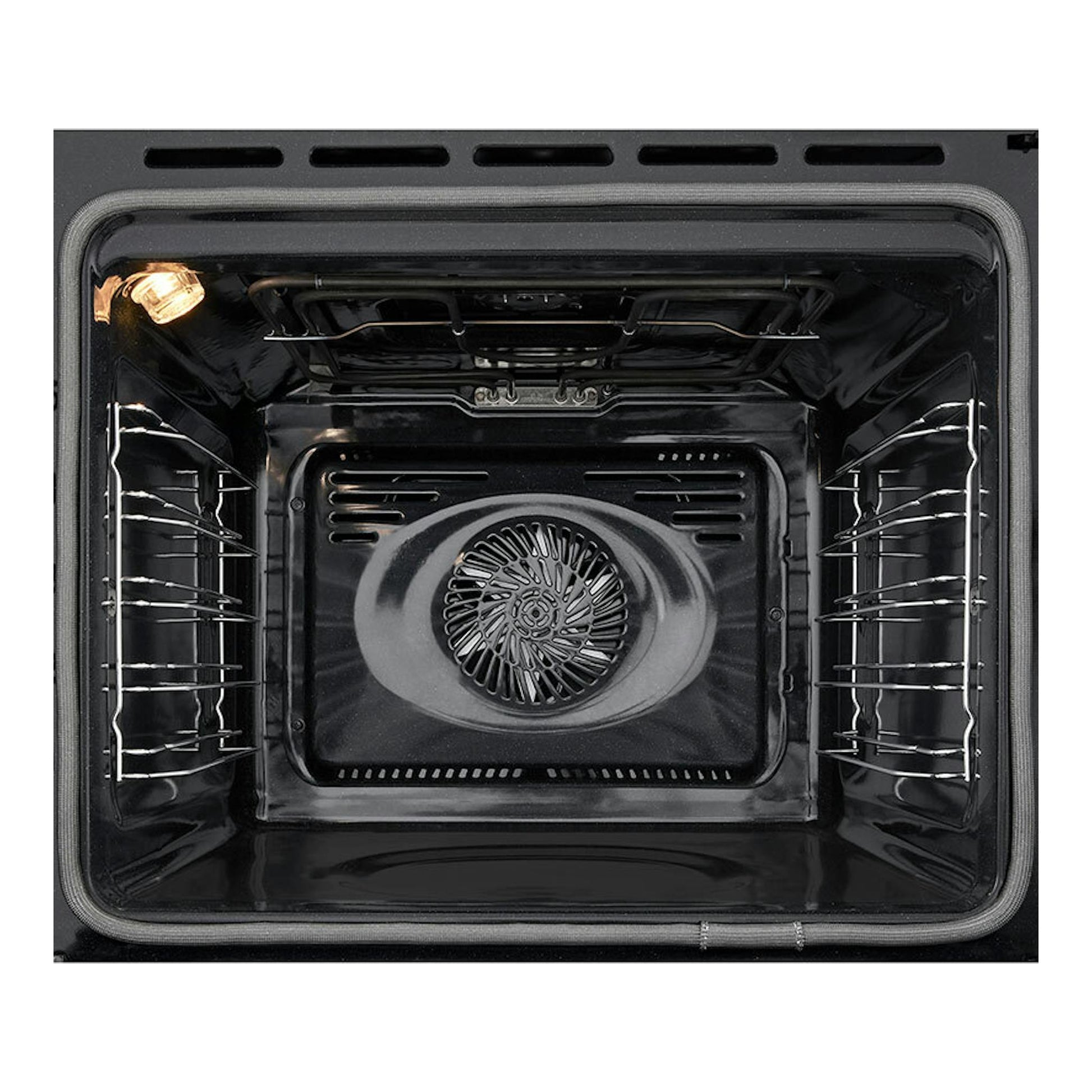 Interior de horno LG WS5D7210G negro, vista frontal con ventilador central y rejillas laterales.