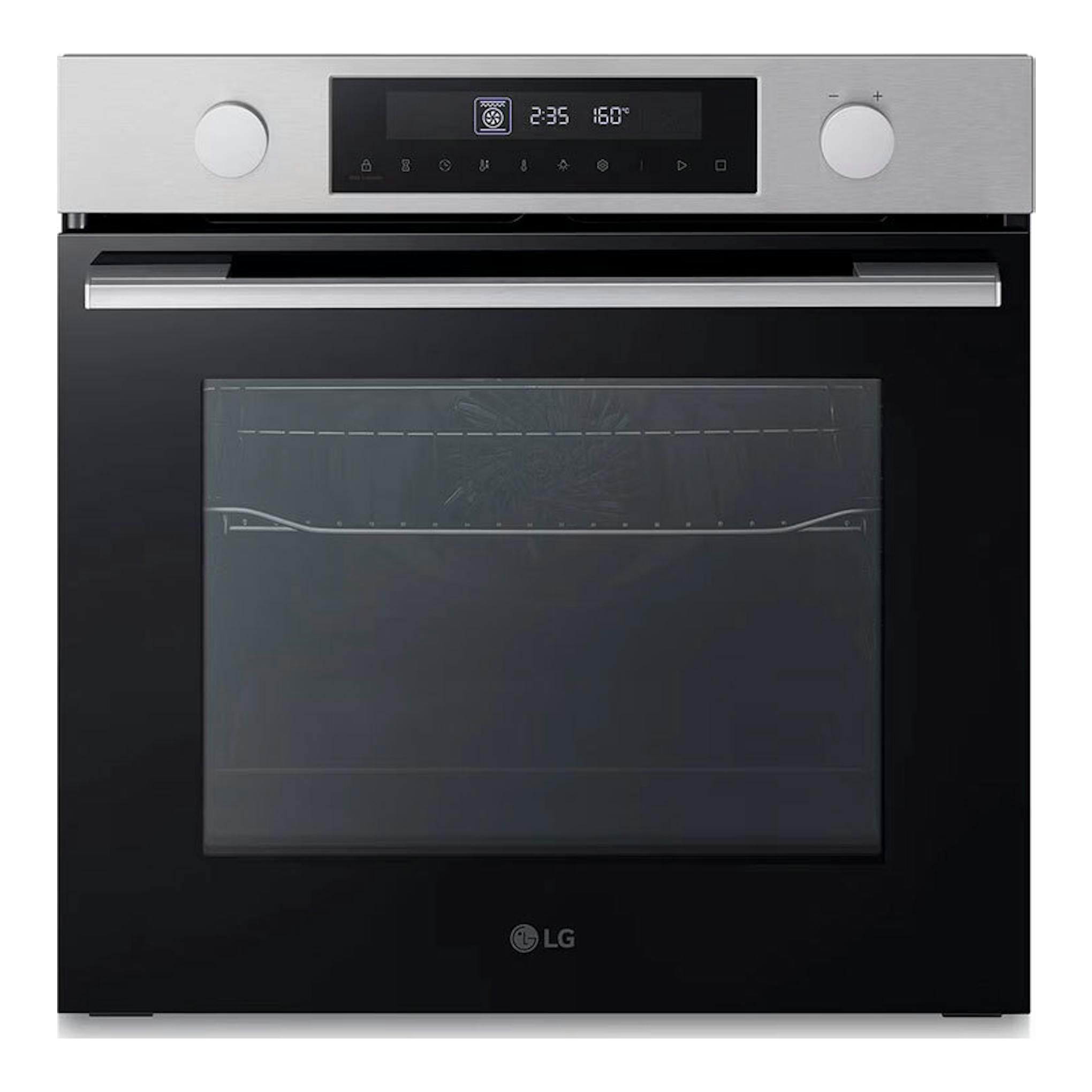 Horno LG WS5D7210S inox, vista frontal, puerta de vidrio negro y panel superior de acero inoxidable.