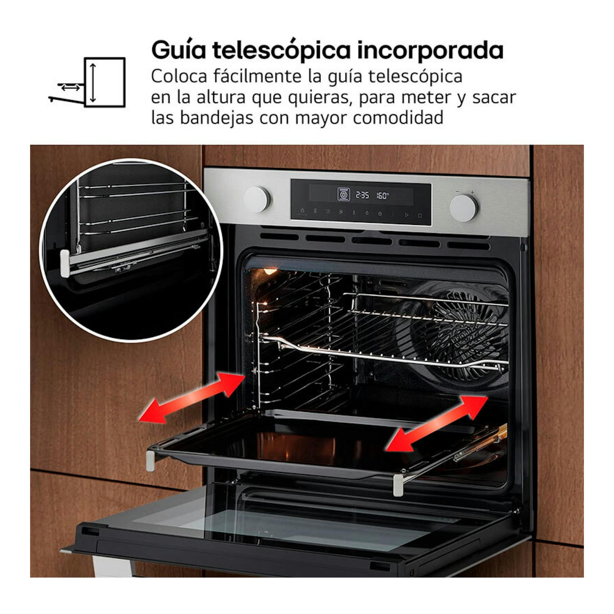 Horno LG WS5D7210S inox empotrado, puerta abierta y bandeja sobre guía telescópica, vista frontal.