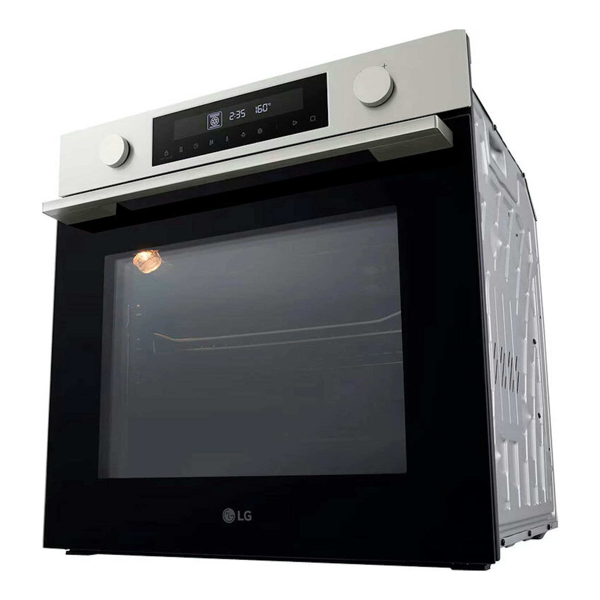 Horno LG WS5D7210S Inox, vista frontal en ángulo, acabado negro con acero inoxidable y panel digital.