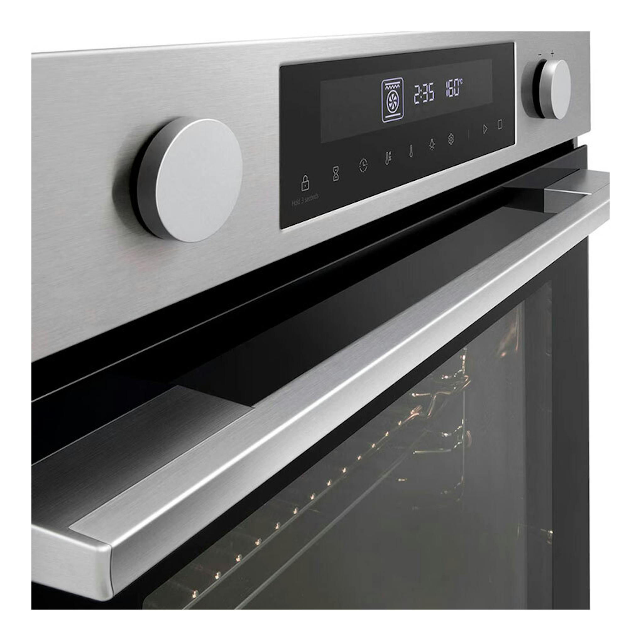 Horno LG WS5D7210S de acero inoxidable, vista frontal parcial con panel digital y dos mandos.