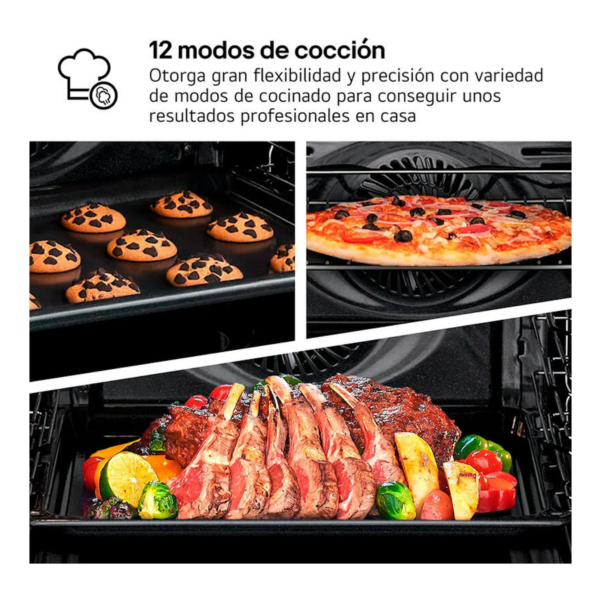 Horno LG WS5D7210S inox, vista frontal de interior con galletas, pizza y asado; texto: 12 modos de cocción.