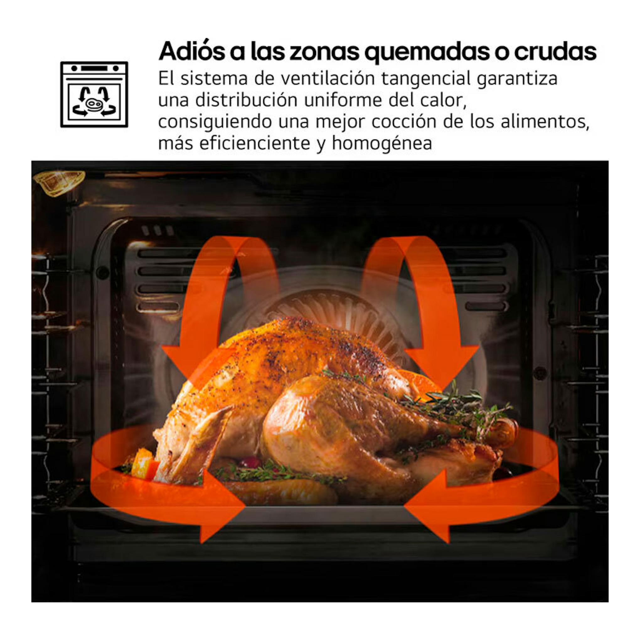 Horno LG WS5D7210S inox, interior frontal con pollo asado y flechas naranjas de circulación de aire.