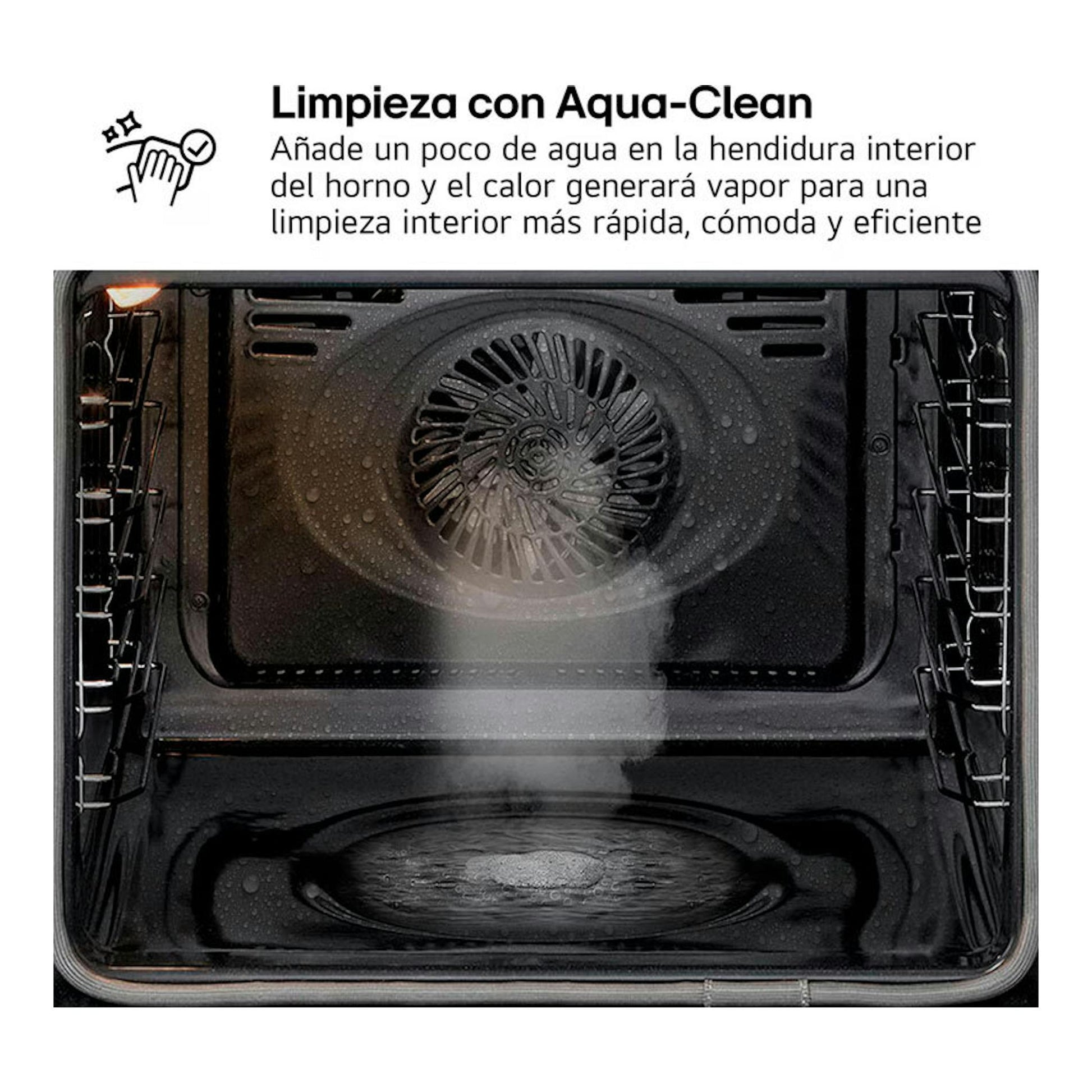 Vista frontal del interior de un horno LG WS5D7210S inox con vapor de limpieza Aqua Clean.