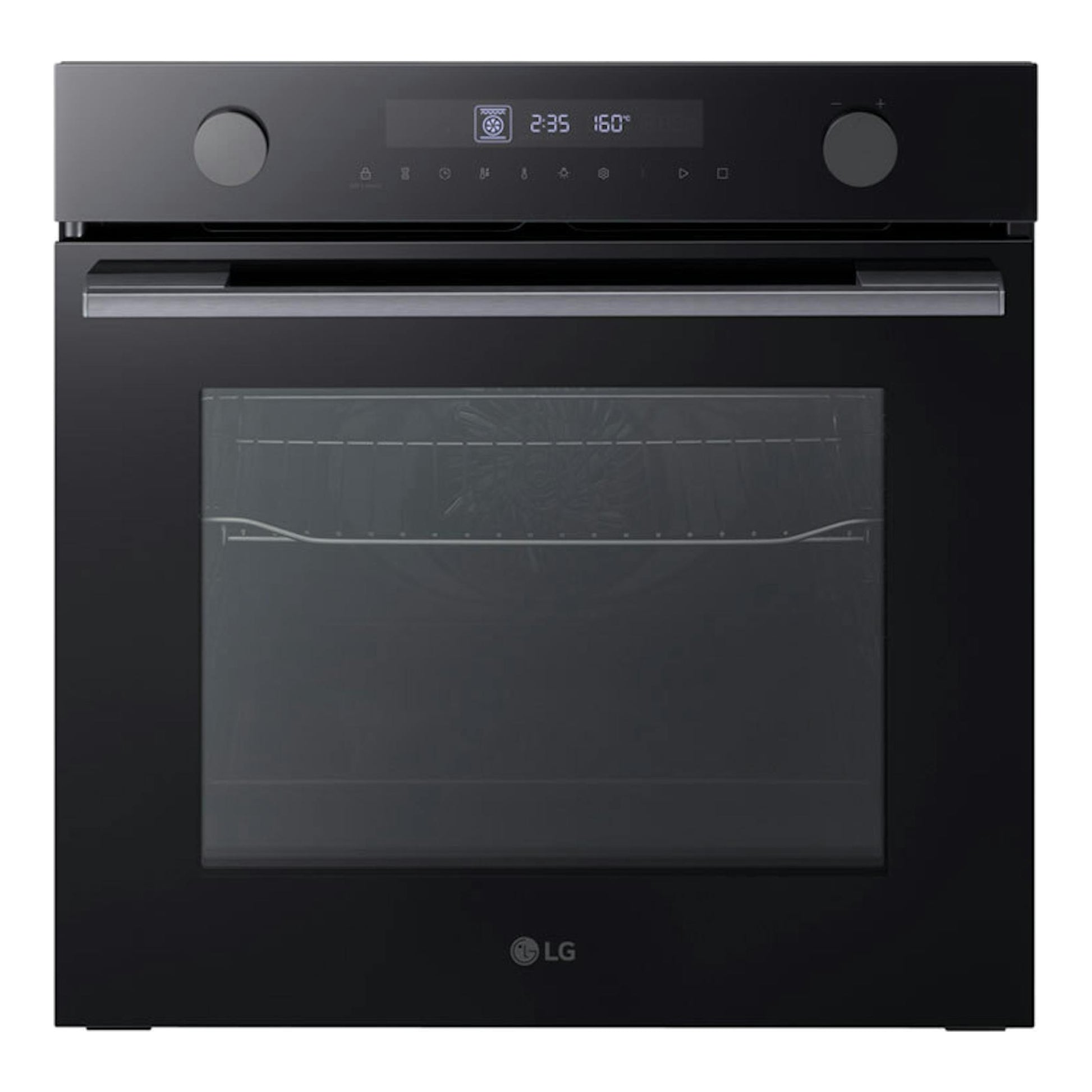 Horno empotrable LG WS5D7230G de cristal negro, vista frontal, con dos mandos y panel digital.