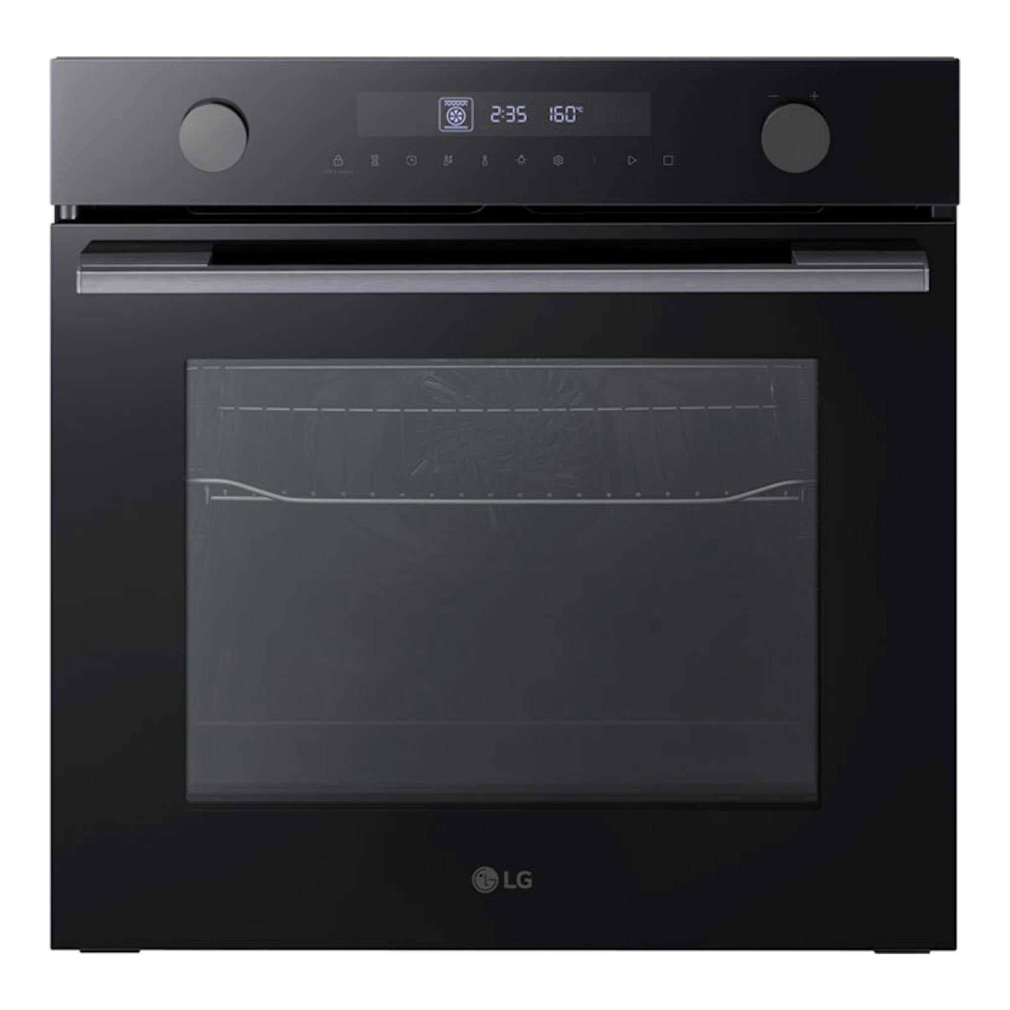 Horno empotrable LG WS5D7230G de cristal negro, vista frontal, con dos mandos y panel digital.