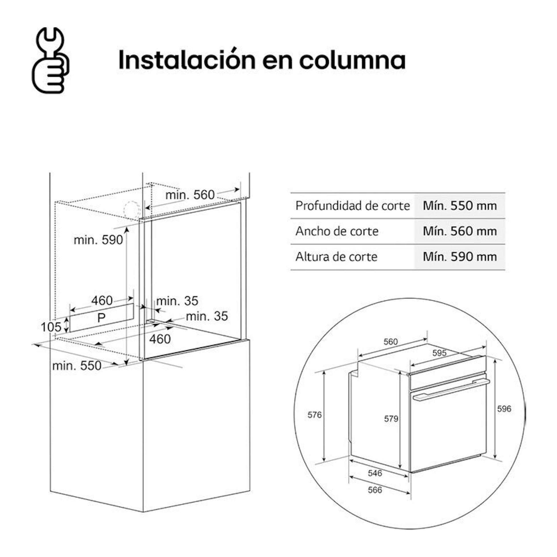 LG WS5D7230G, horno negro, esquema de instalación en columna con medidas de corte.