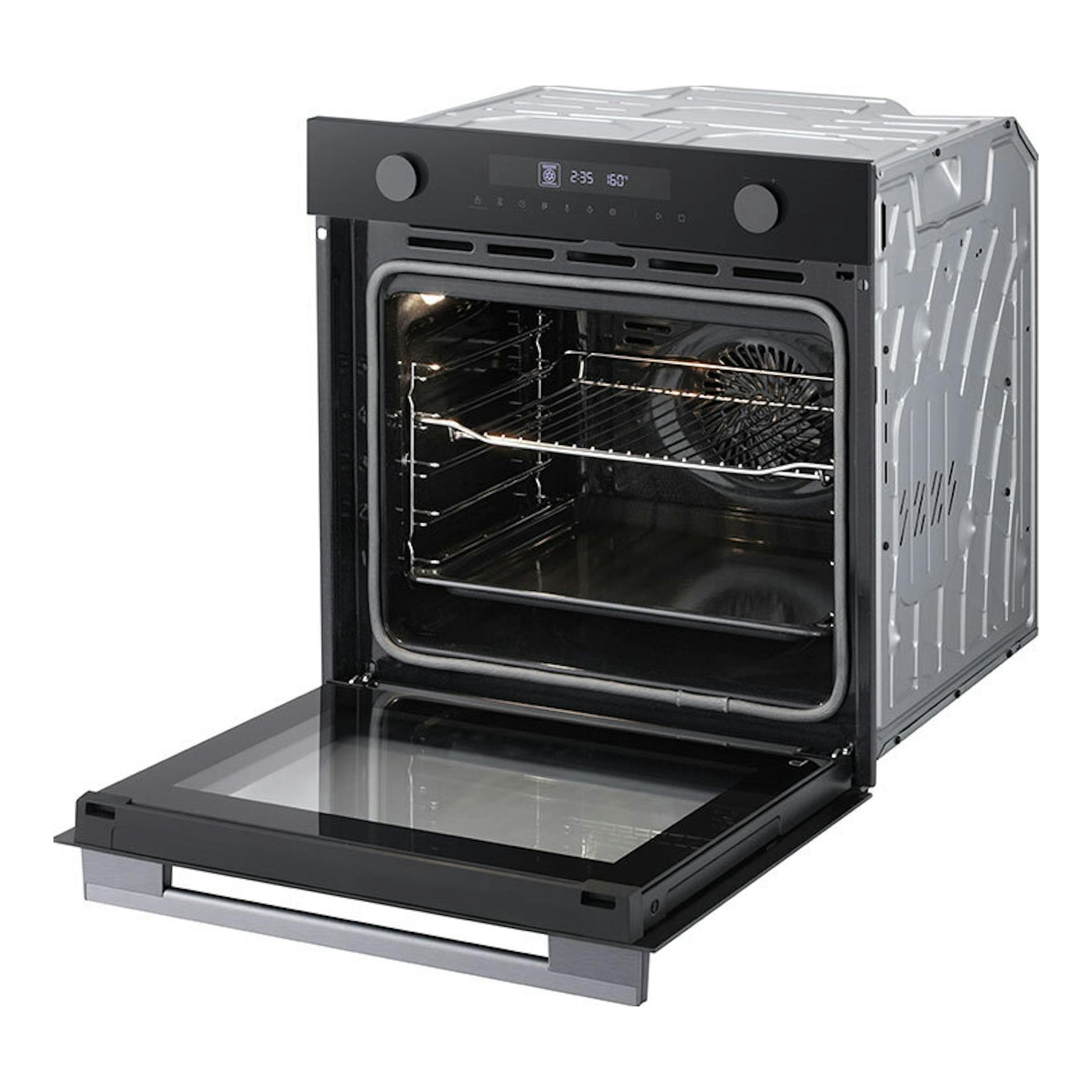 Horno LG WS5D7230G de cristal negro, visto en tres cuartos con la puerta abatida y el interior visible.