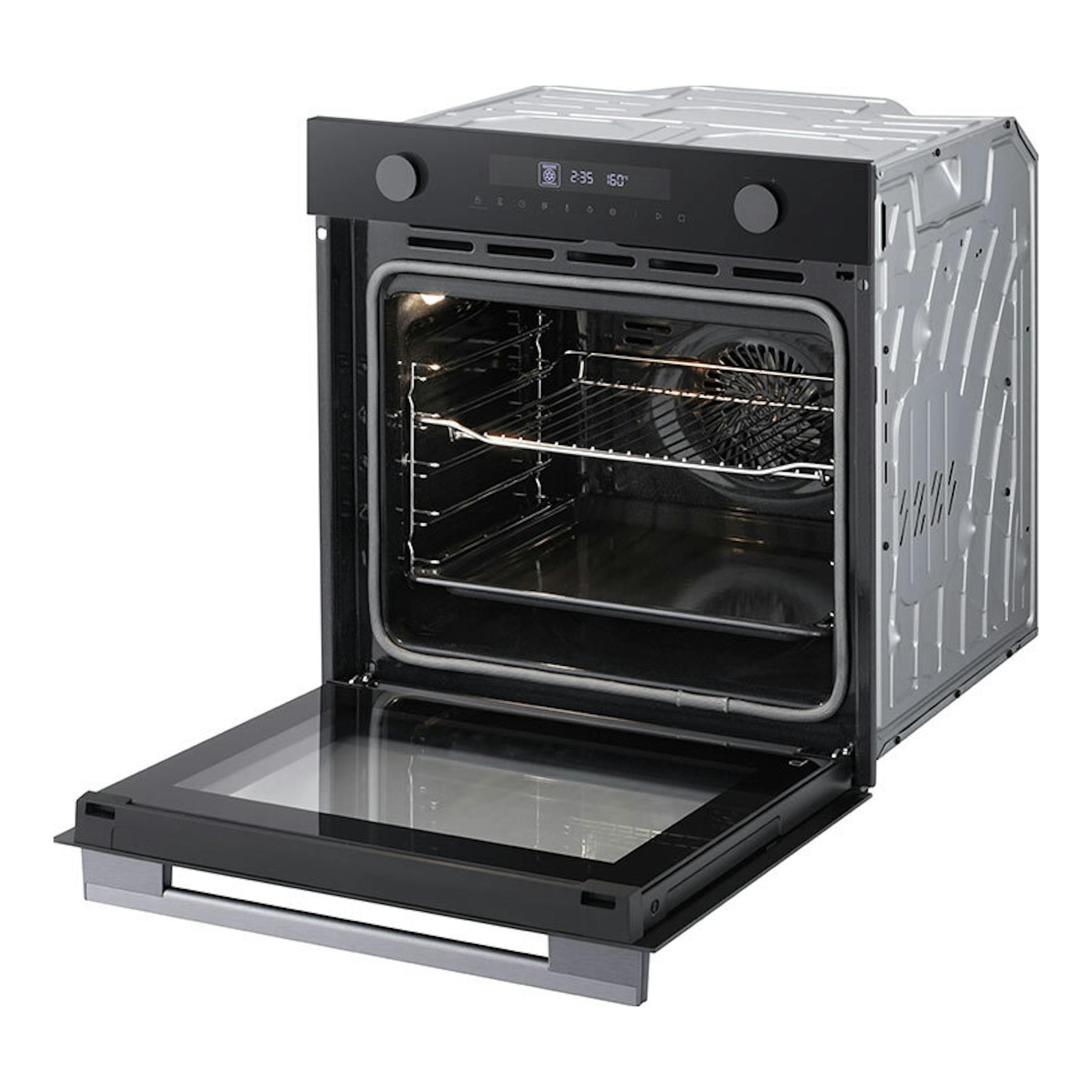 Horno LG WS5D7230G de cristal negro, visto en tres cuartos con la puerta abatida y el interior visible.