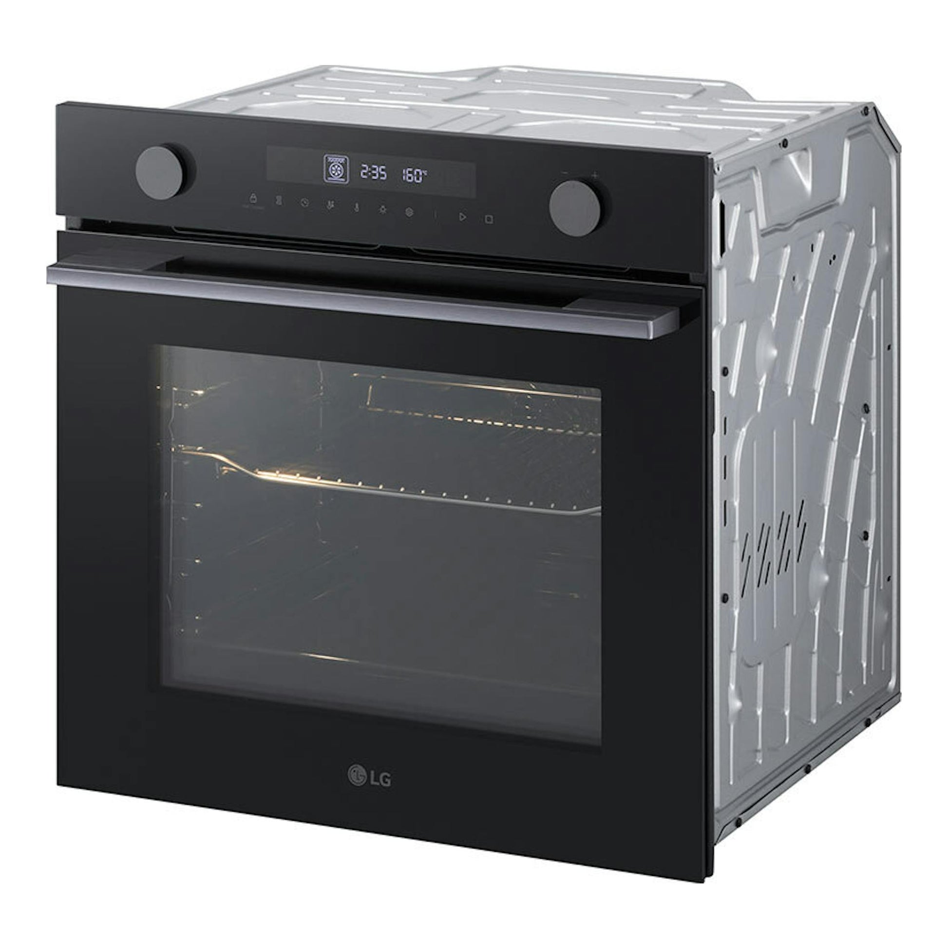Horno empotrable LG WS5D7230G de cristal negro, vista frontal en tres cuartos, con panel digital y dos mandos.