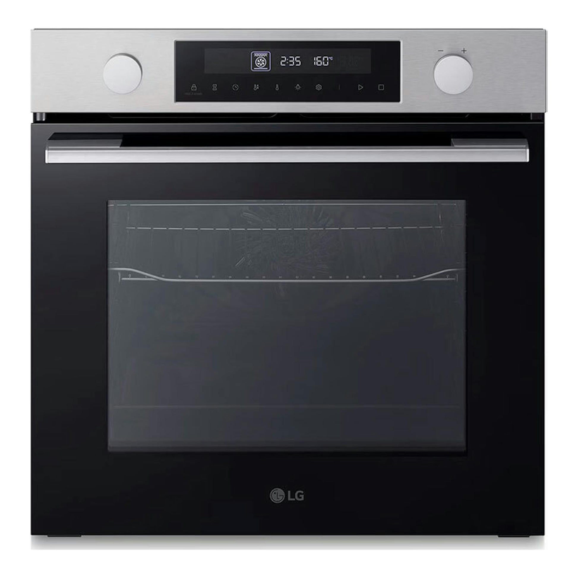 Horno empotrable LG WS5D7230S Inox, vista frontal, panel acero y puerta negra con cristal.